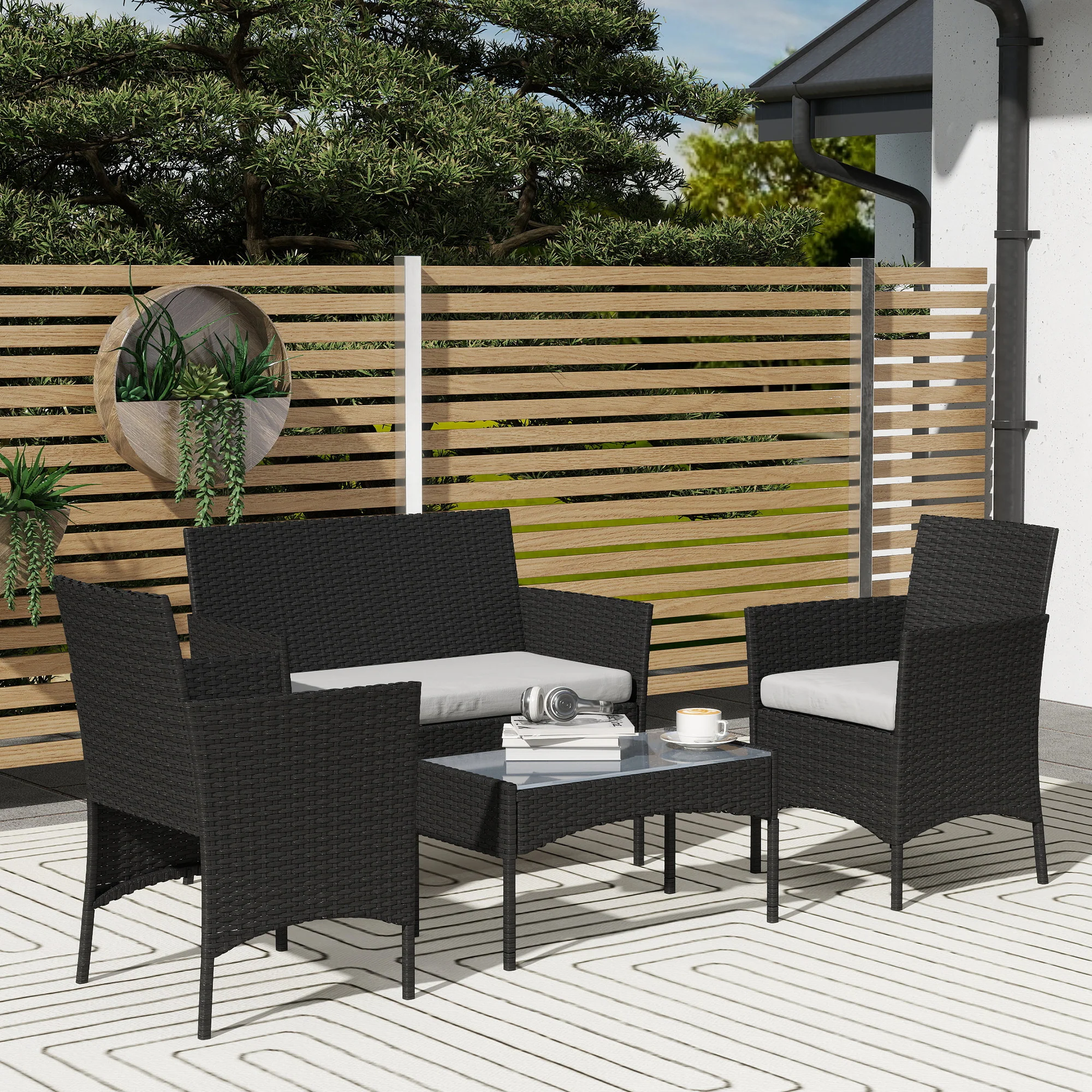 Outsunny 4 Piece Rattan Garden Furniture Sofa Set with Cushions, Black - Image 2