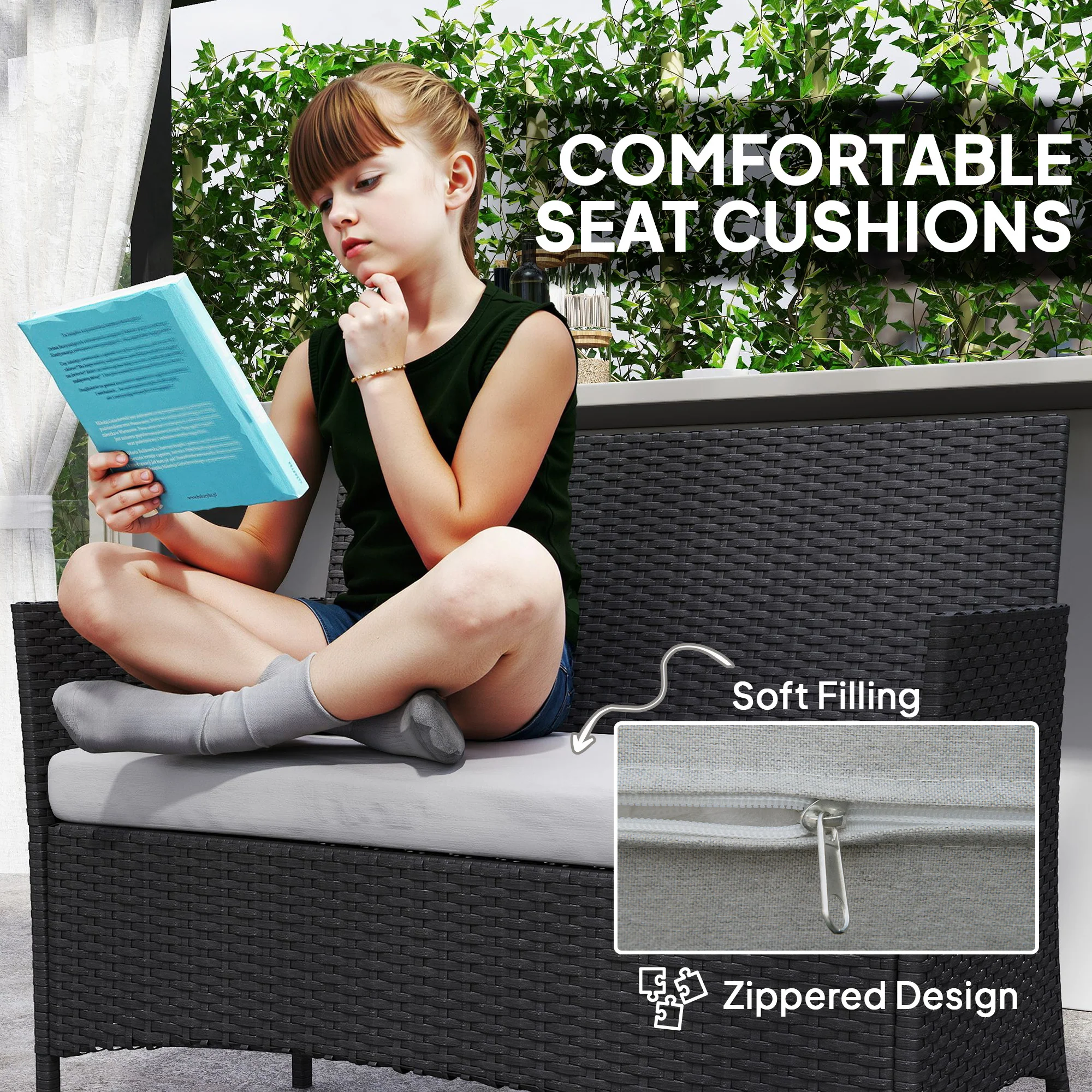 Outsunny 4 Piece Rattan Garden Furniture Sofa Set with Cushions, Black - Image 6