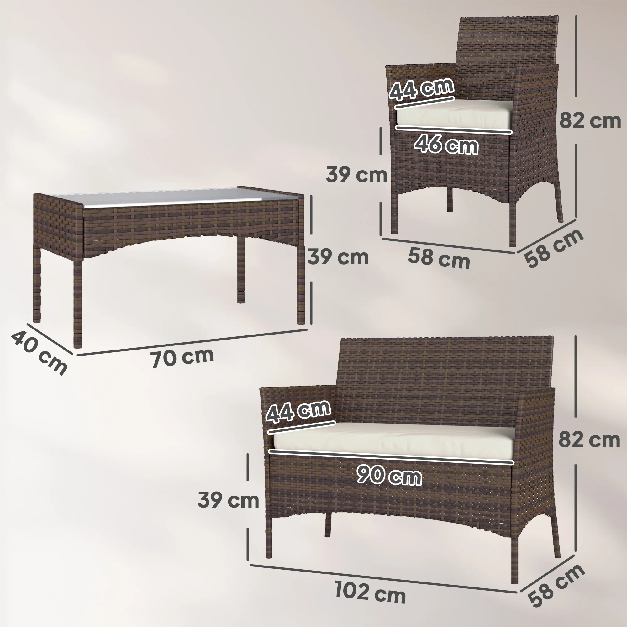 Outsunny 4 Piece Rattan Garden Furniture Sofa Set with Cushions, Brown - Image 3