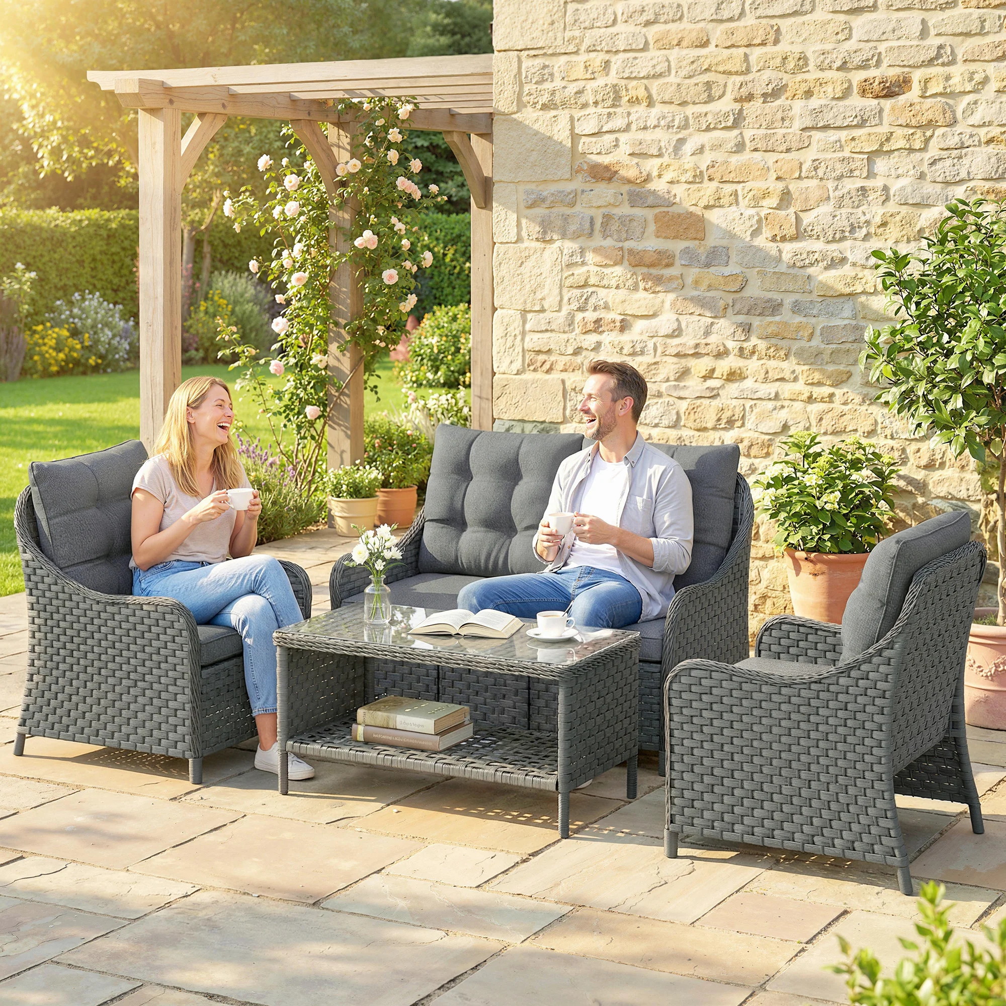 Outsunny 4 Piece Rattan Patio Furniture Set with Removable Cushion Covers - Image 9