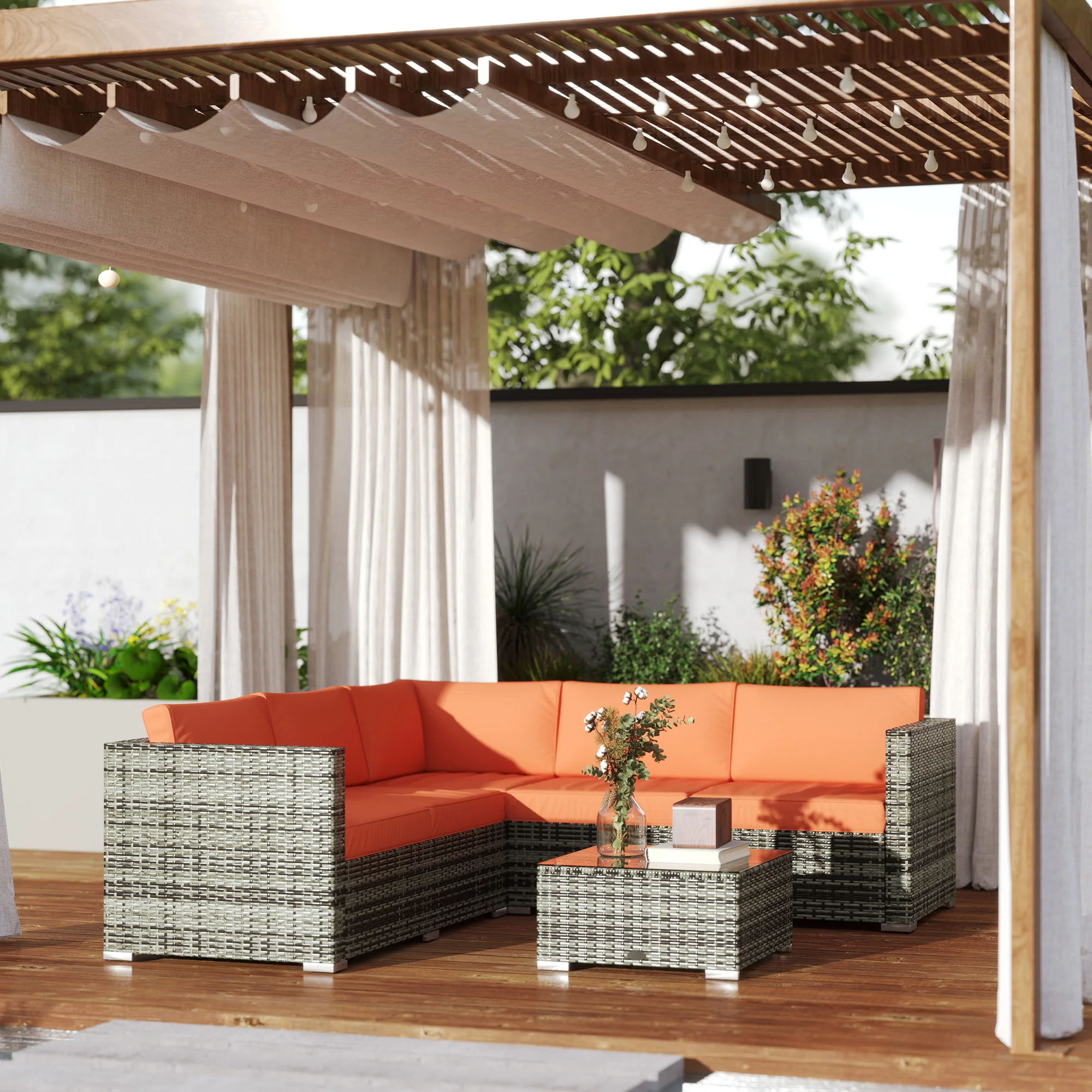 Outsunny 4 Pieces Rattan Garden Furniture Sofa Set with Coffee Table Orange - Image 2