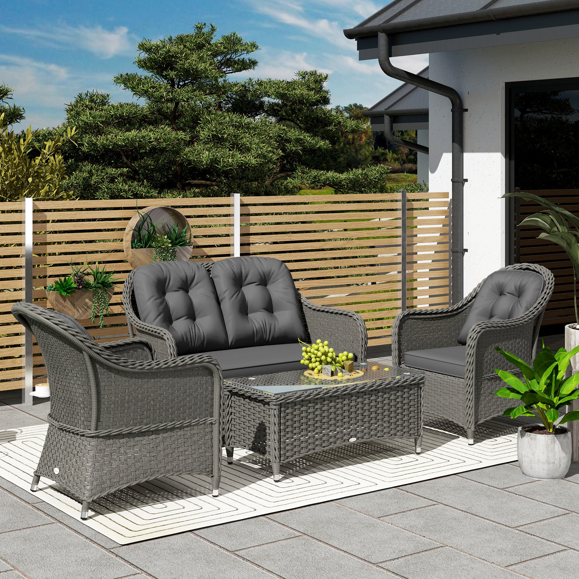 Outsunny 4 Pieces Rattan Sofa Set Outdoor Conservatory Furniture With Cushions - Image 9