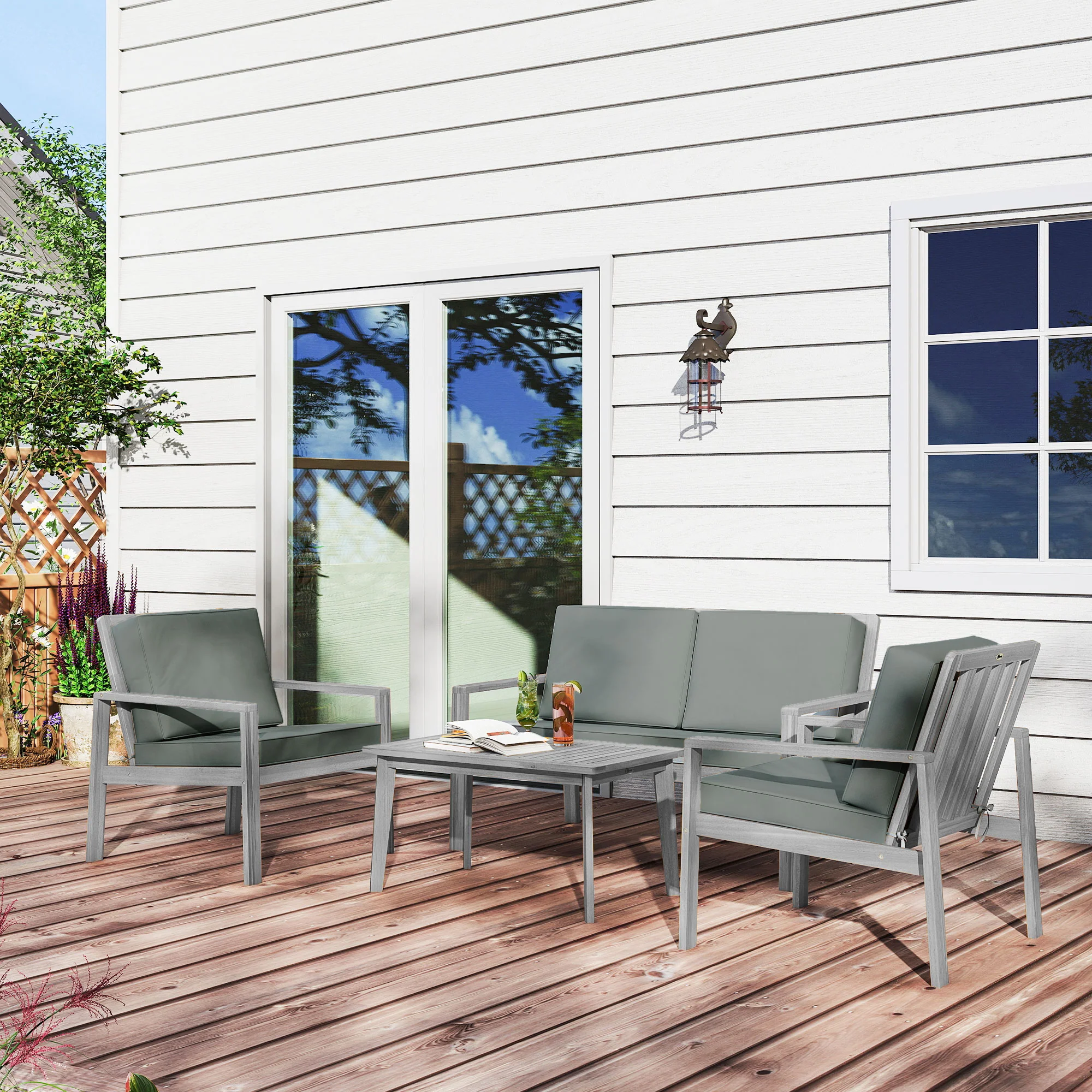 Outsunny 4 Pieces Wooden Garden Furniture Set With Cushions - Image 9