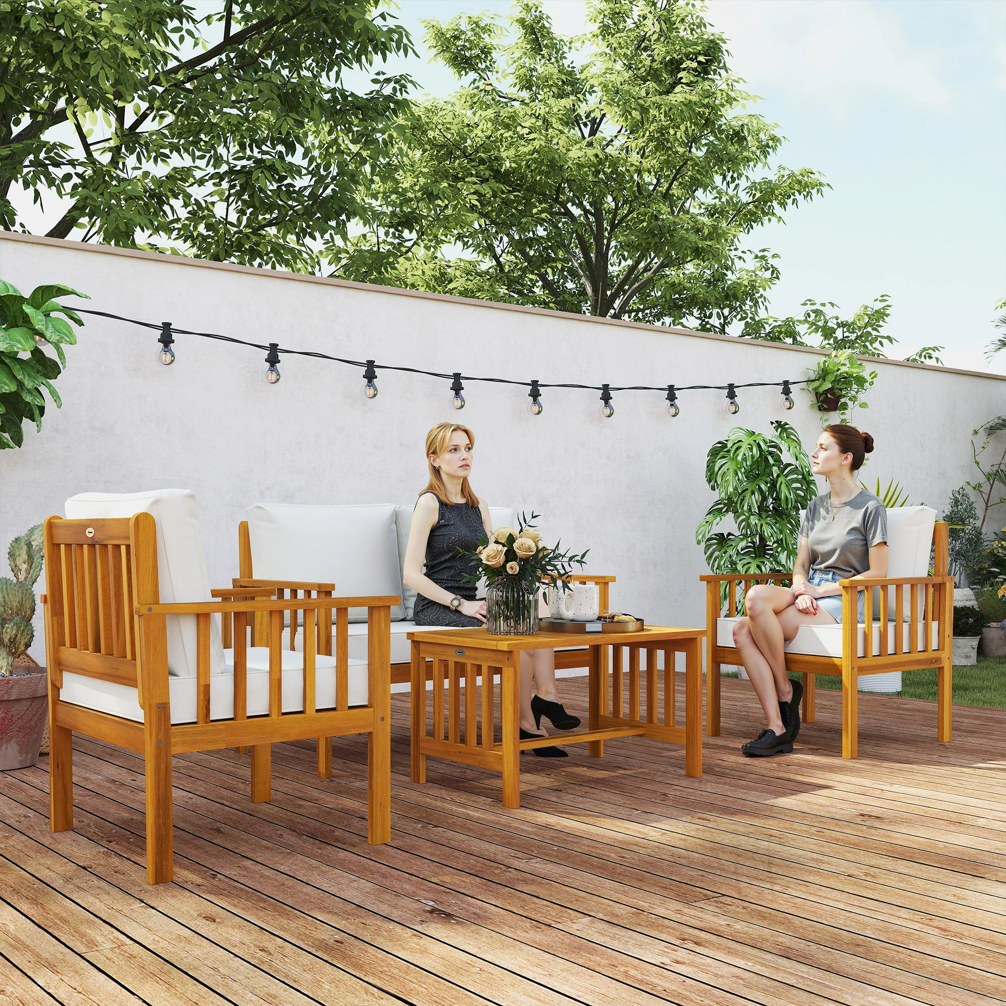 Outsunny 4 Seater Acacia Wood Patio Conversation Set Slatted Design Teak - Image 2