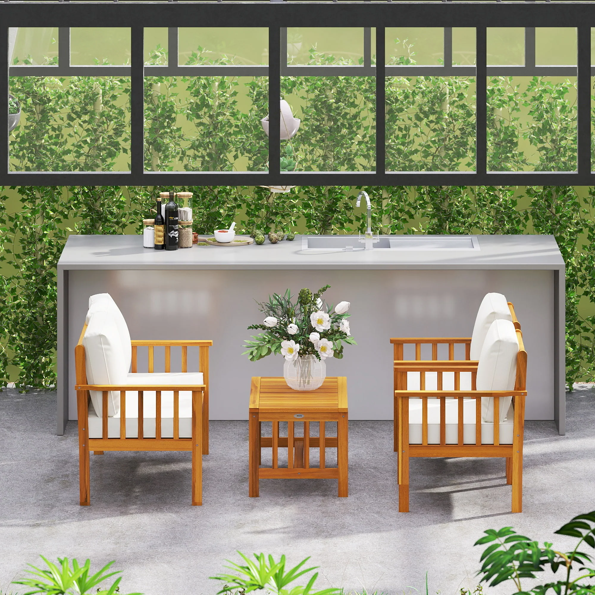 Outsunny 4 Seater Acacia Wood Patio Conversation Set Slatted Design Teak - Image 8