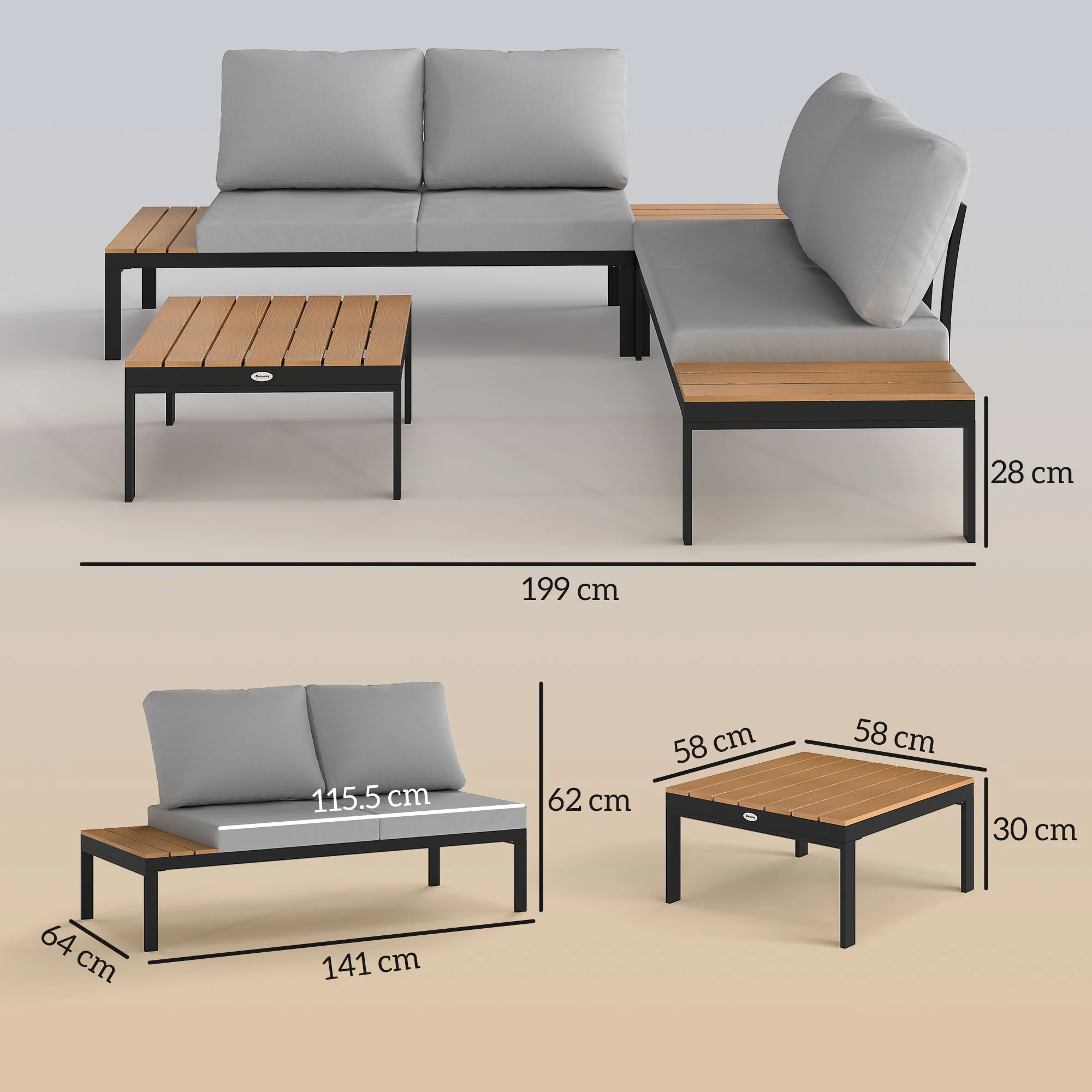 Outsunny 4 Seater Garden Corner Sofa Set with Removable Thick Cushions Teak - Image 5