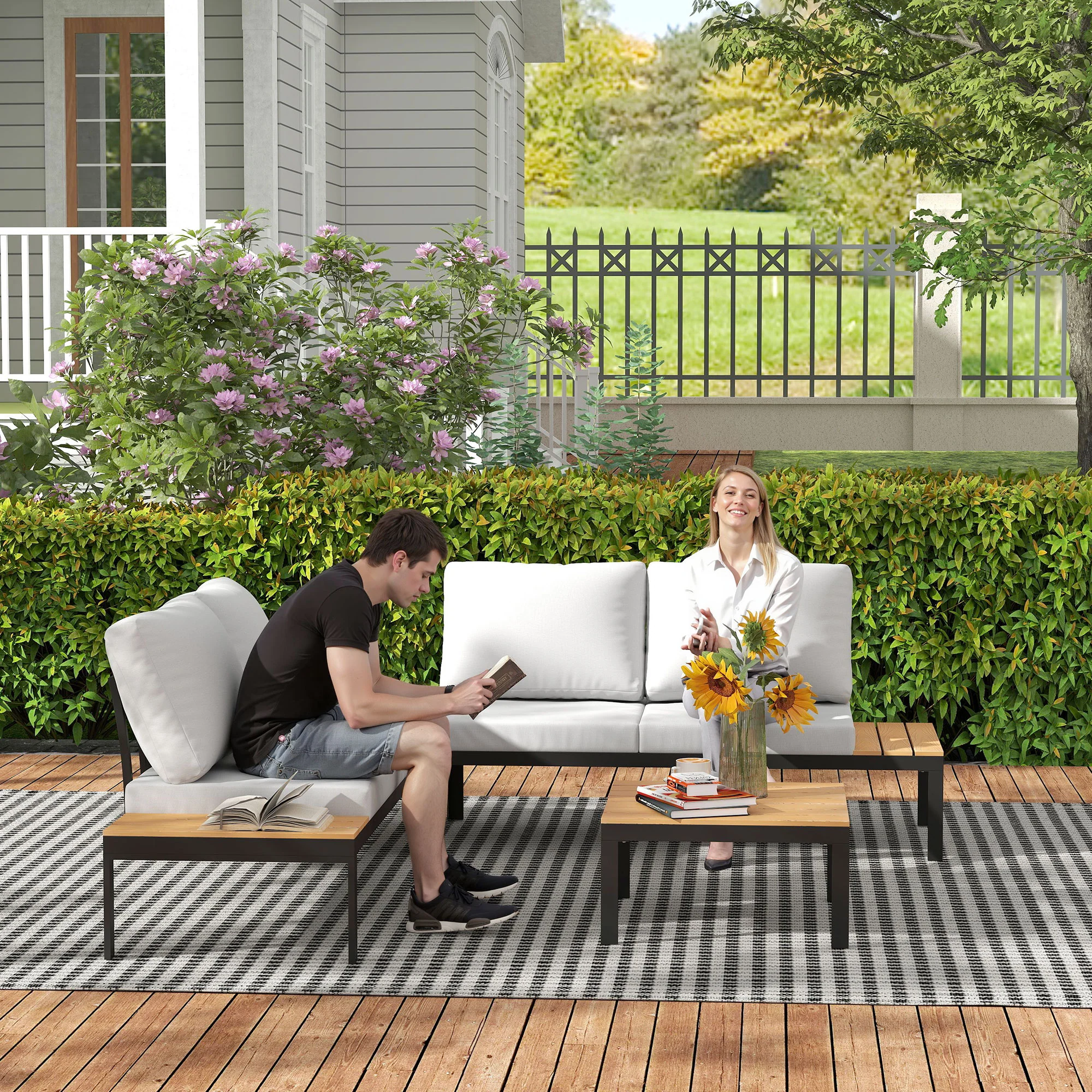 Outsunny 4 Seater Garden Corner Sofa Set with Removable Thick Cushions Teak - Image 9