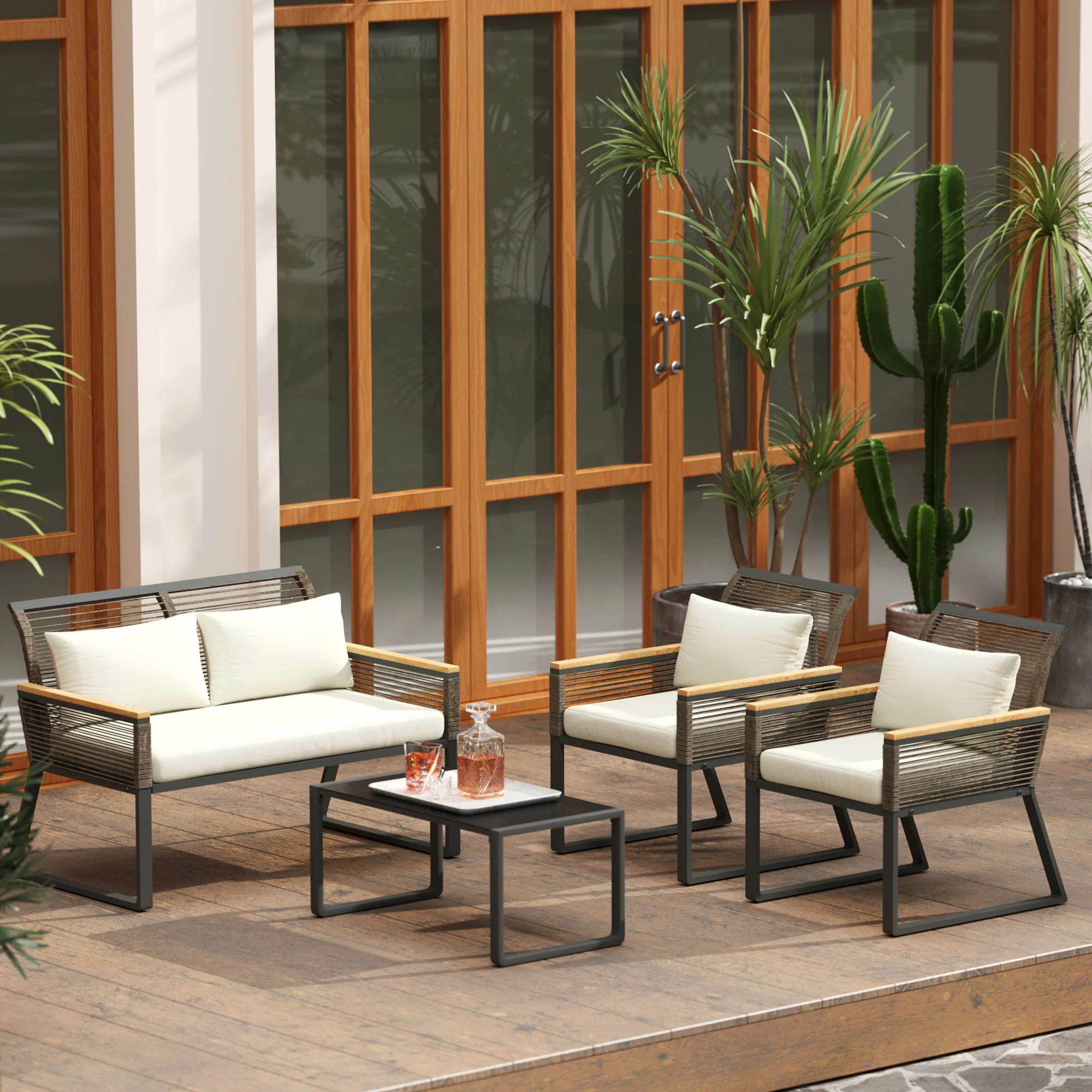 Outsunny 4 Seater Round Wicker Rope Garden Furniture Set with Cushions Grey - Image 2