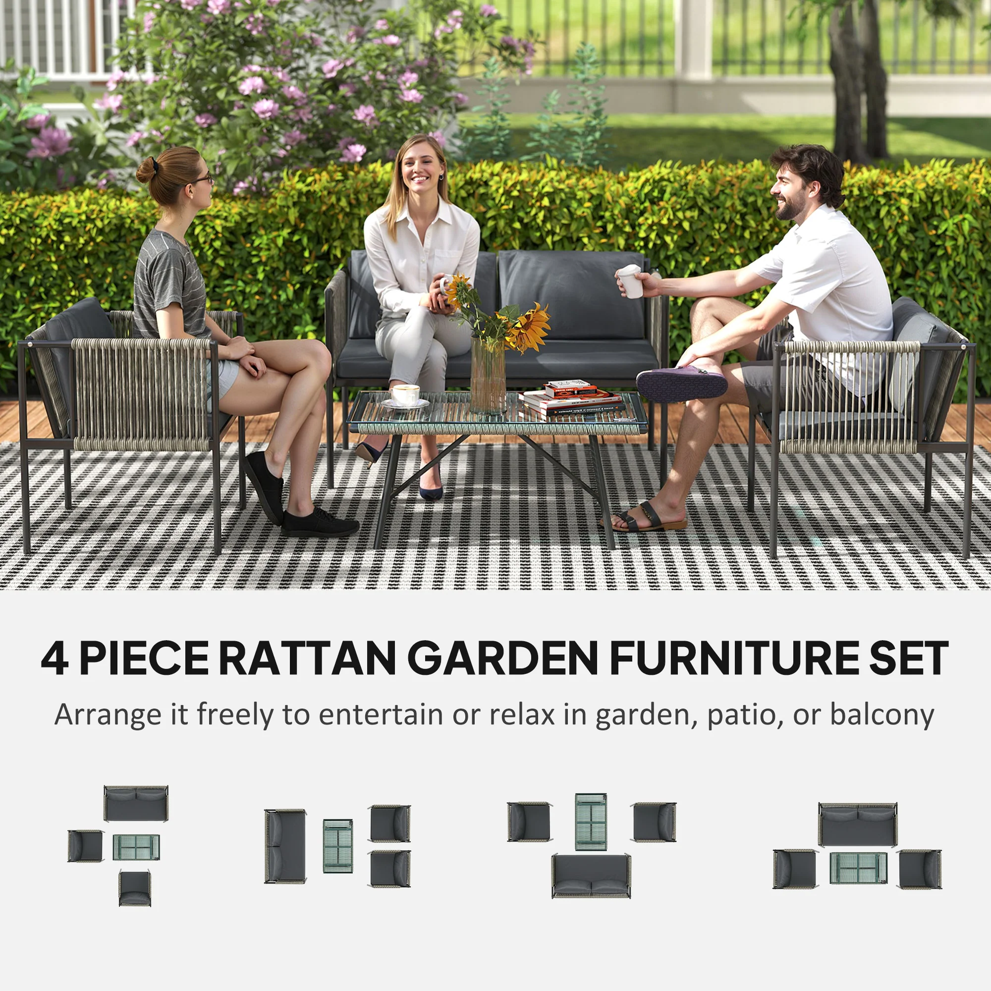 Outsunny 4 Seater Wicker Outdoor Furniture Set with Glass Coffee Table Grey - Image 3
