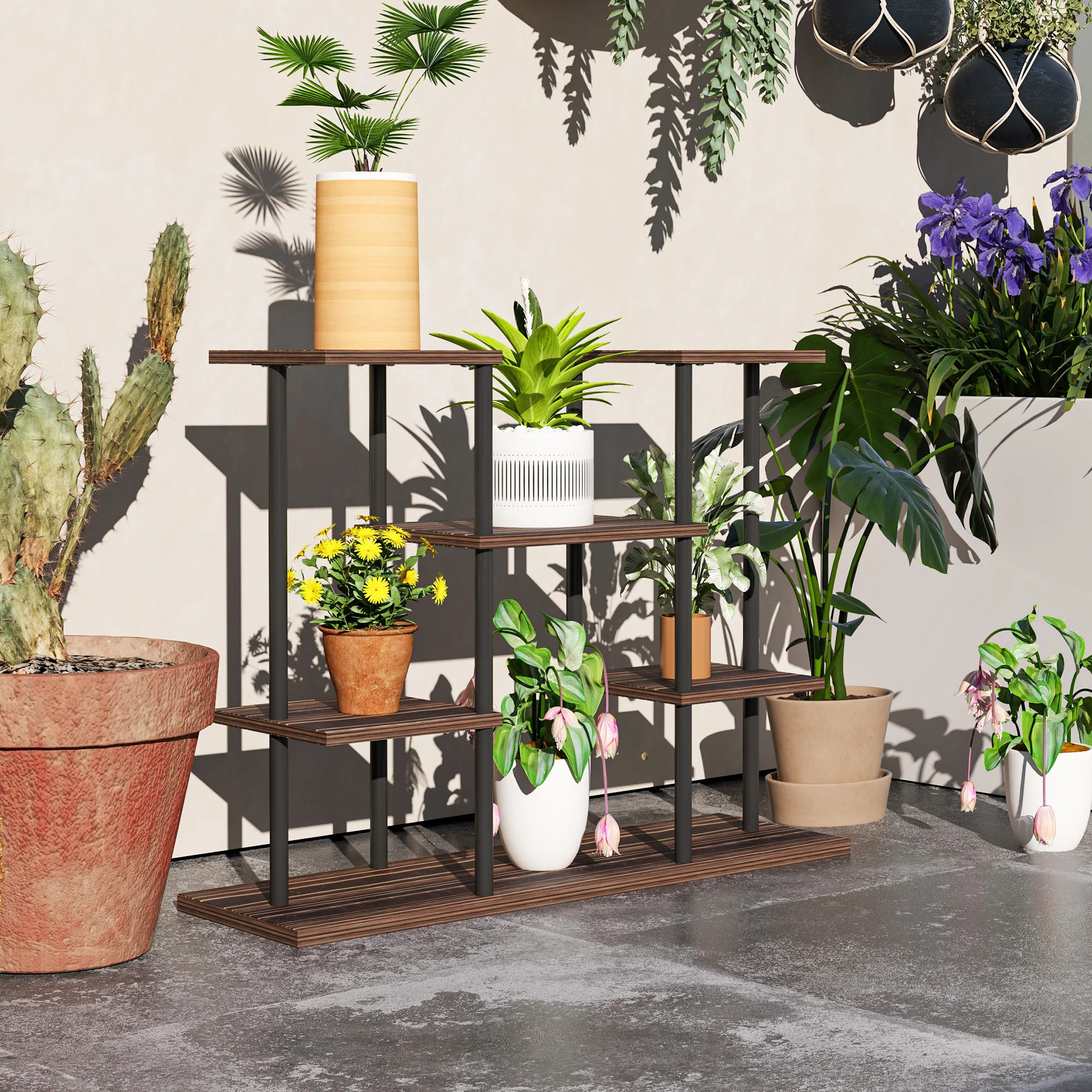 Outsunny 4 Tiered Metal Flower Shelf Display Rack, Carbonised Finish - Image 2
