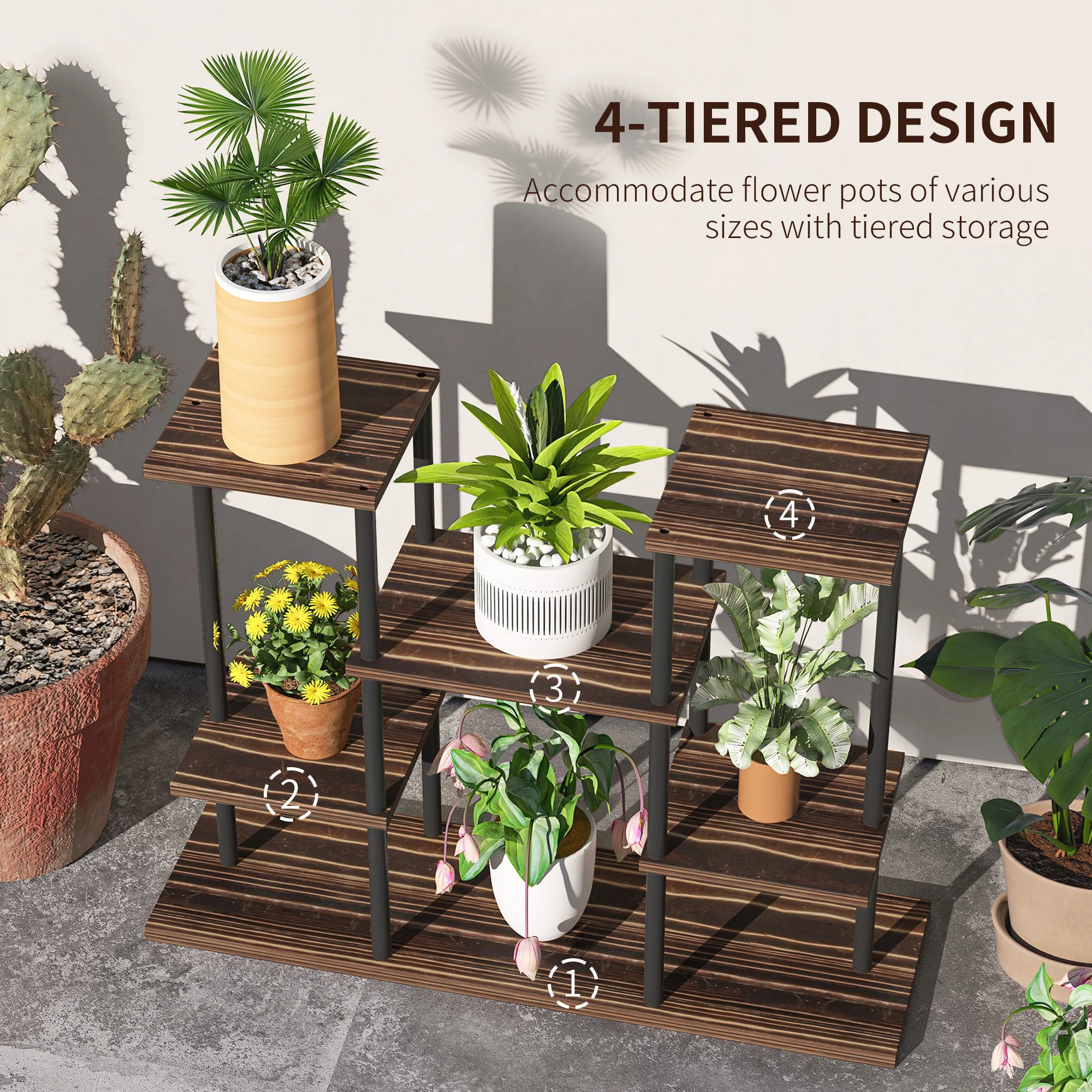Outsunny 4 Tiered Metal Flower Shelf Display Rack, Carbonised Finish - Image 3