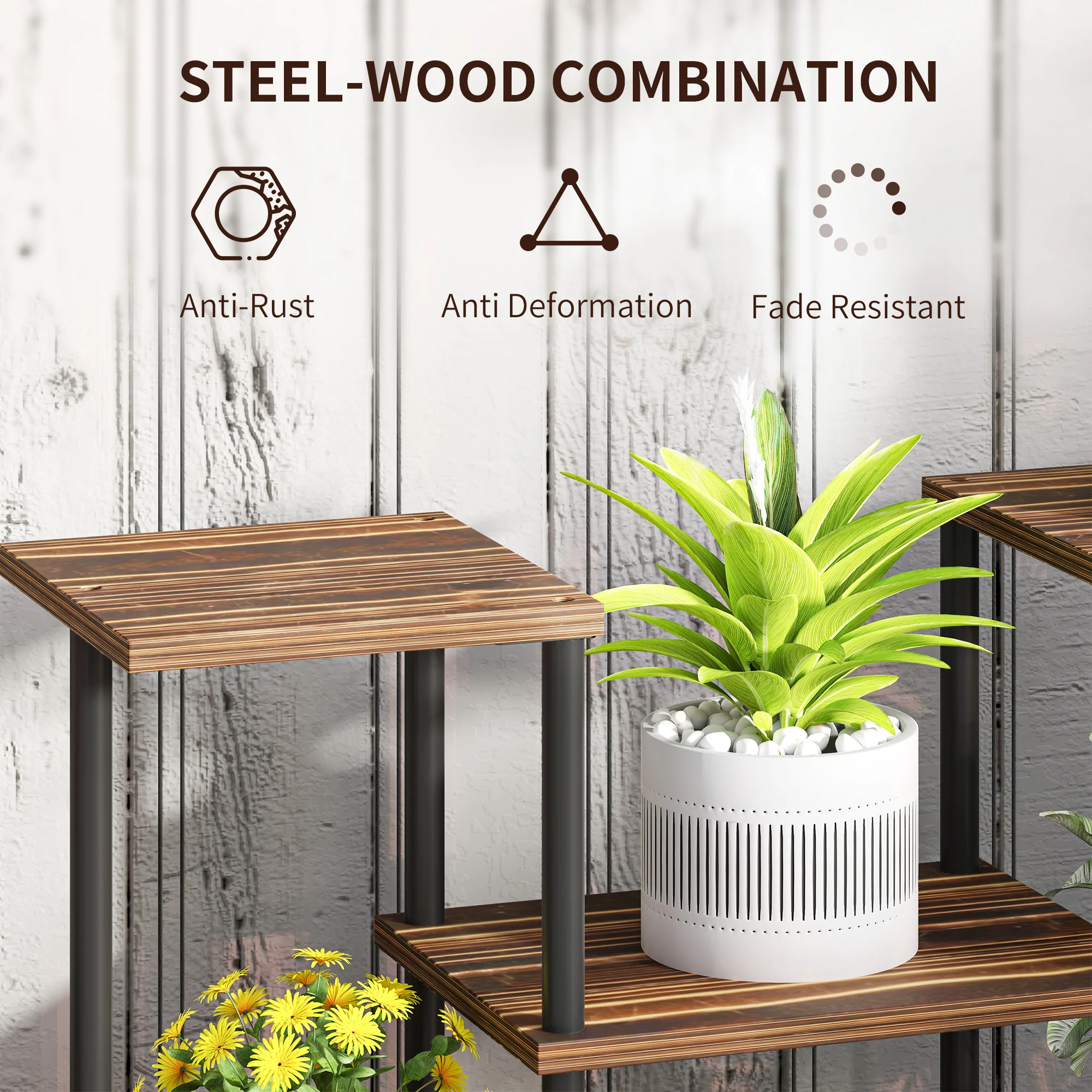 Outsunny 4 Tiered Metal Flower Shelf Display Rack, Carbonised Finish - Image 4