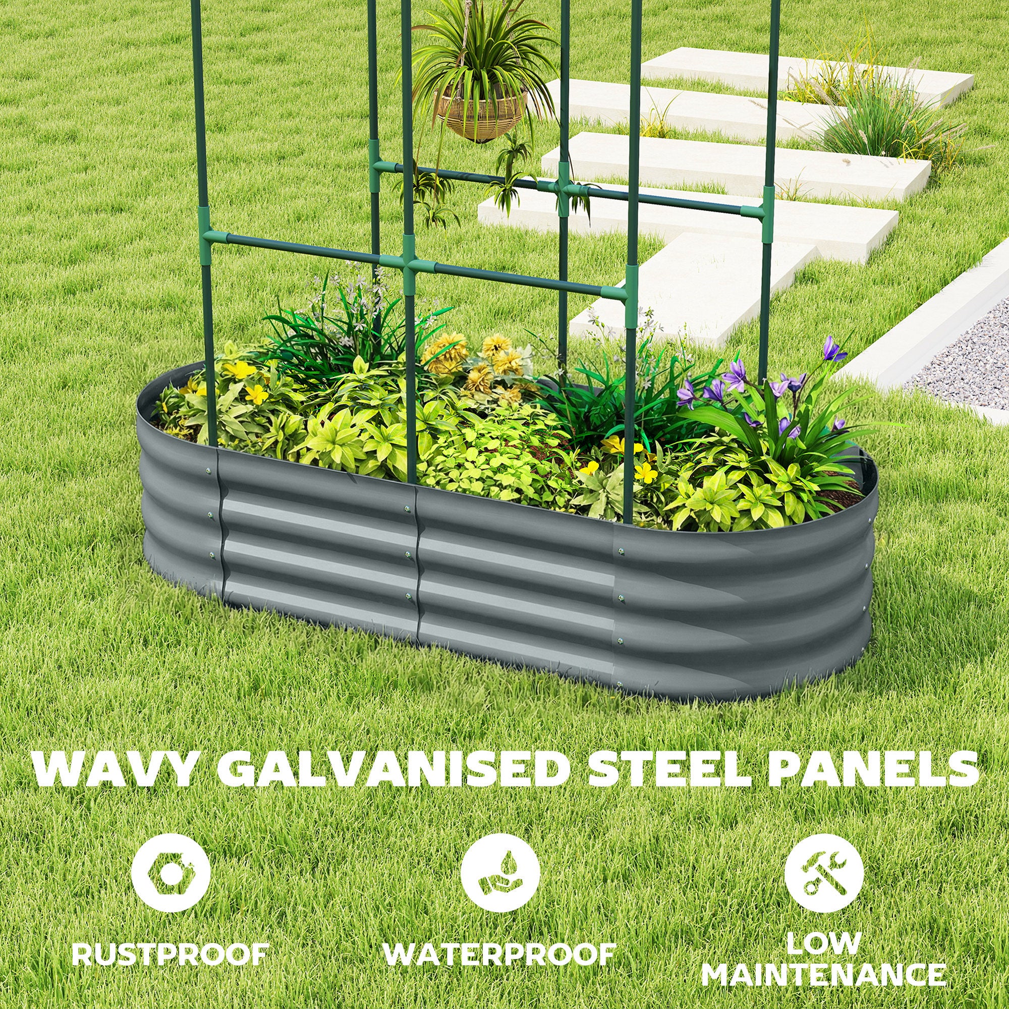 Outsunny 4 x 2 x 4.6ft Galvanised Raised Garden Bed with Trellis, Dark Grey - Image 6