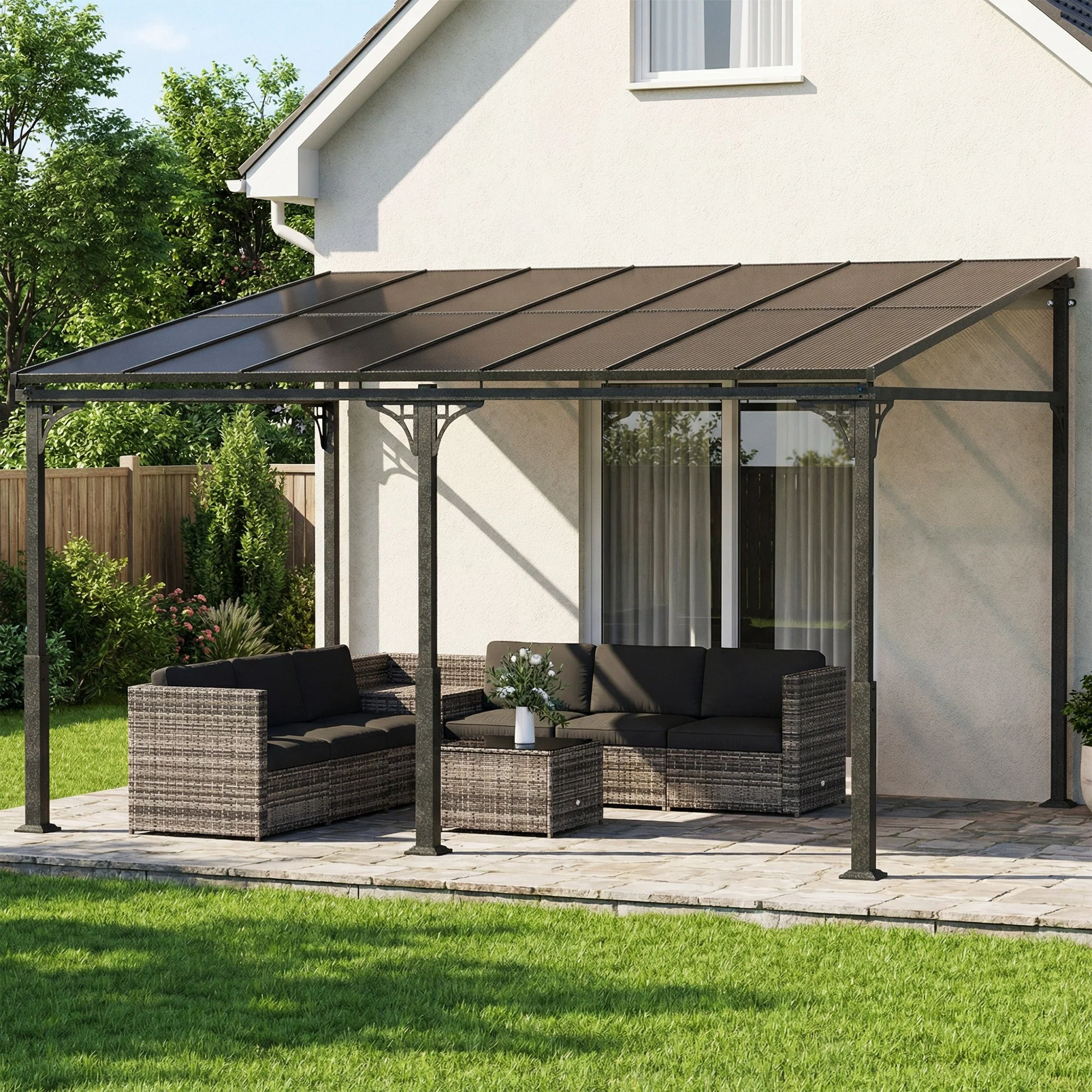 Outsunny 4 x 3 m Metal Lean-to Hardtop Gazebo, Wall-Mounted Pergola - Image 2