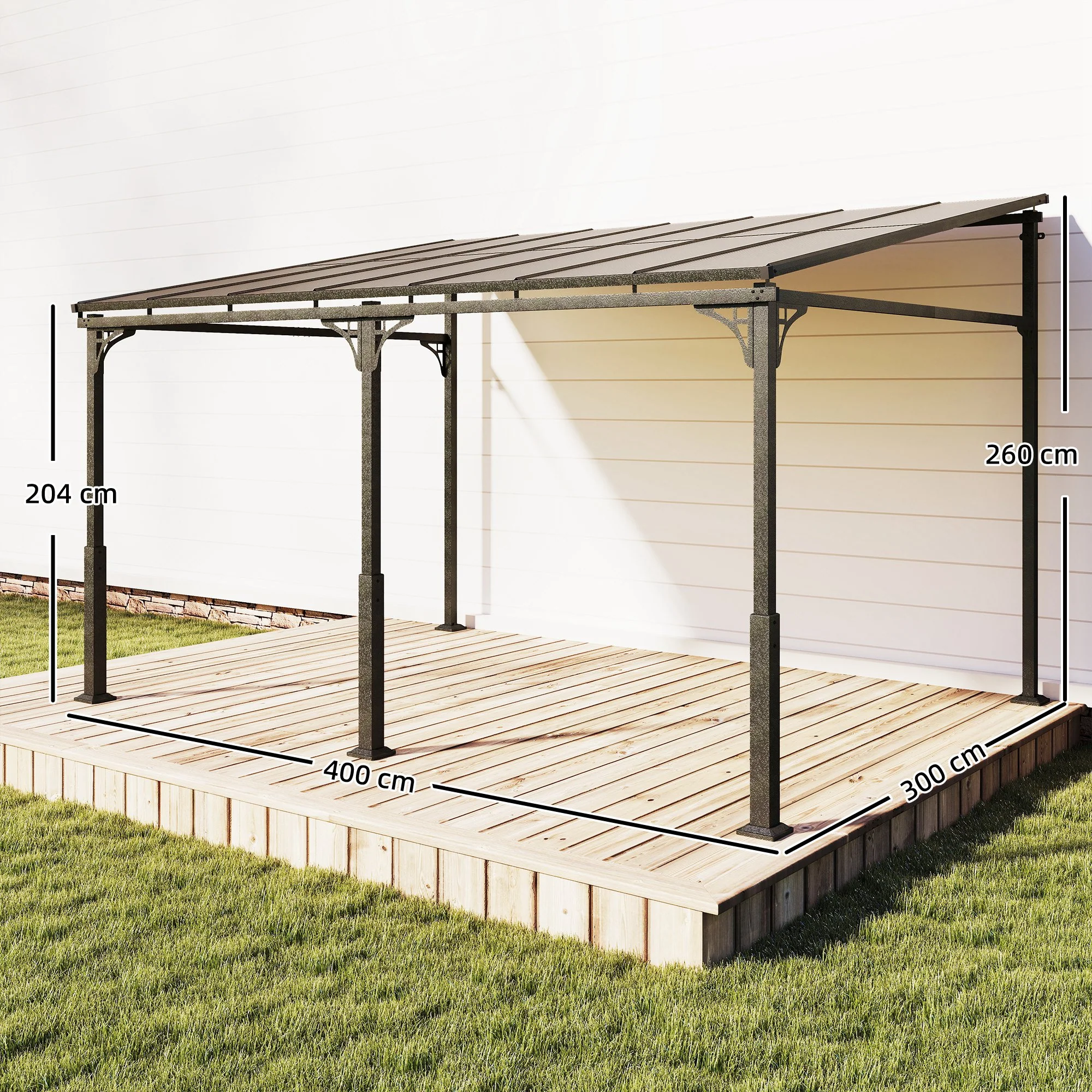 Outsunny 4 x 3 m Metal Lean-to Hardtop Gazebo, Wall-Mounted Pergola - Image 3