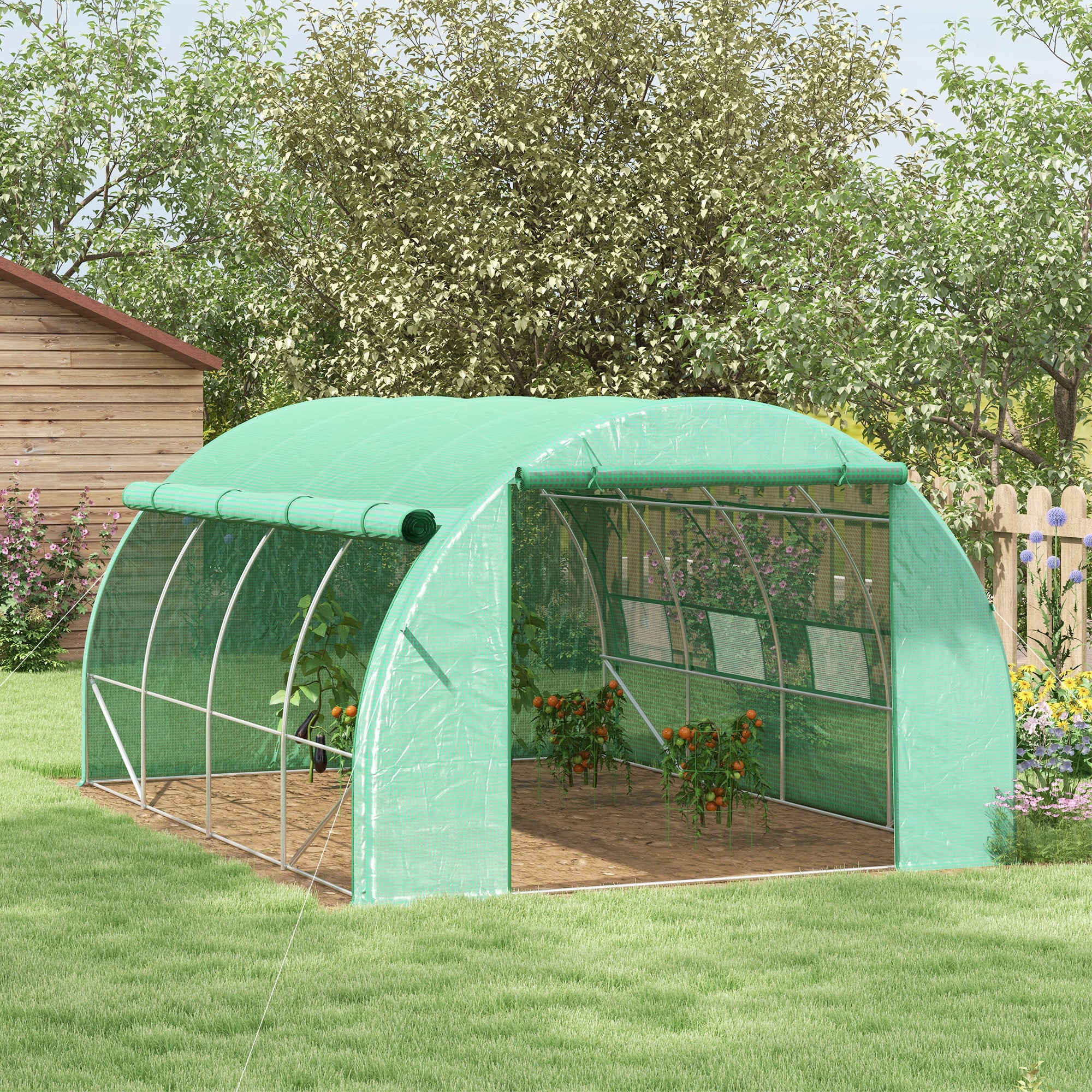 Outsunny 4 x 3 x 2 m Polytunnel Greenhouse Pollytunnel Tent Steel Frame Green - Image 2