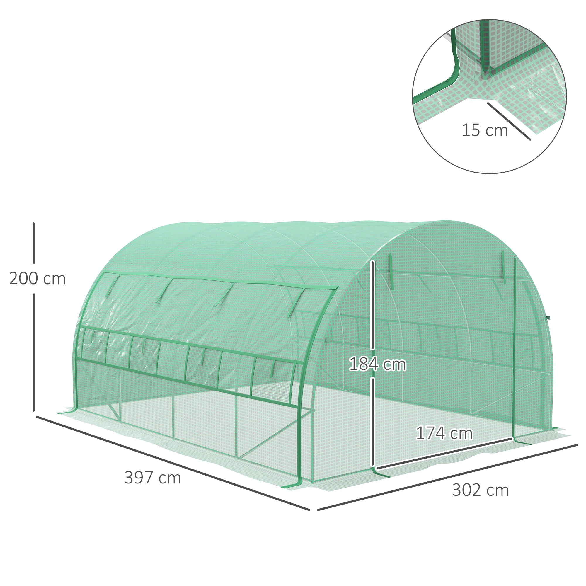 Outsunny 4 x 3 x 2 m Polytunnel Greenhouse Pollytunnel Tent Steel Frame Green - Image 3