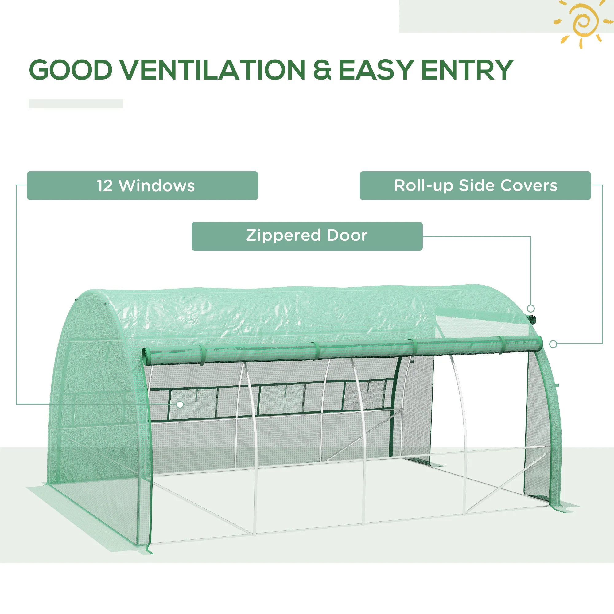 Outsunny 4 x 3 x 2 m Polytunnel Greenhouse Pollytunnel Tent Steel Frame Green - Image 5
