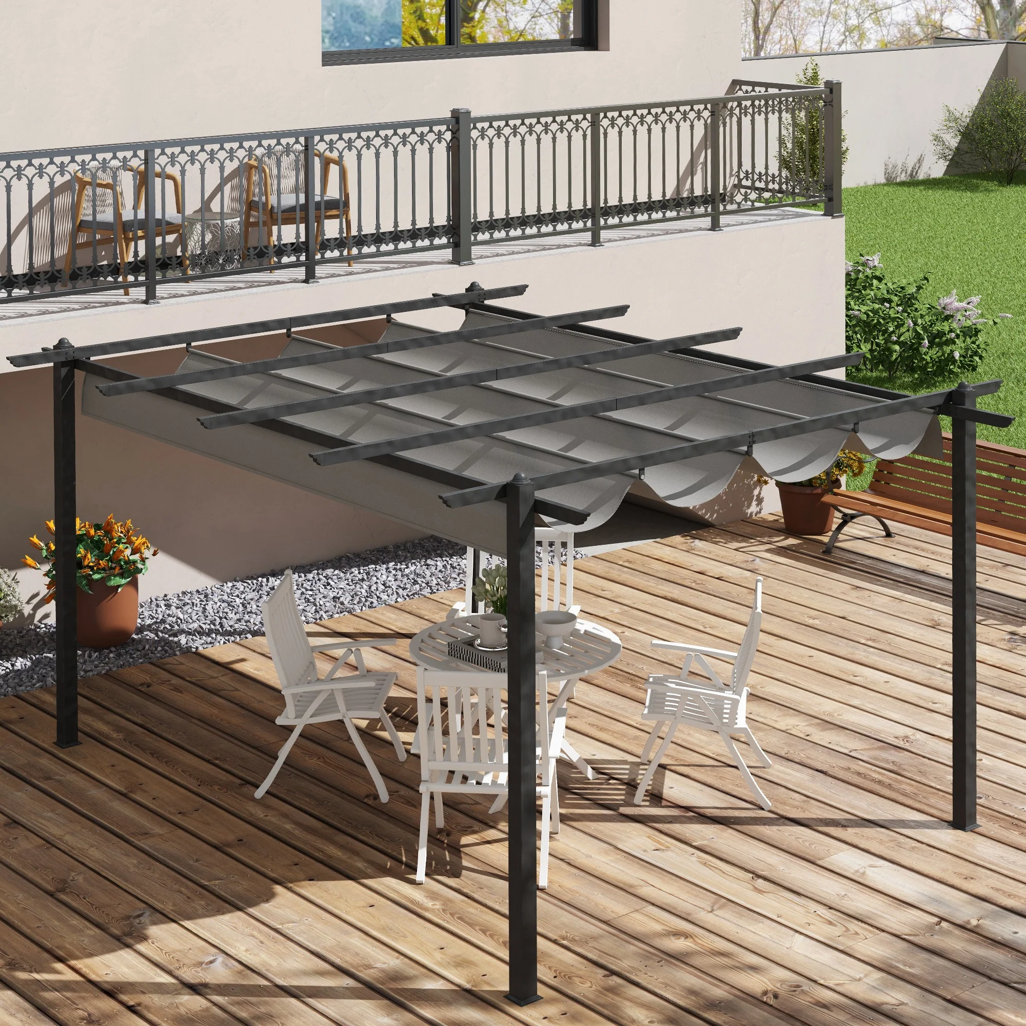 Outsunny 4 x 3(m) Aluminium Pergola Gazebo Garden Shelter w/ Retractable Roof - Image 8