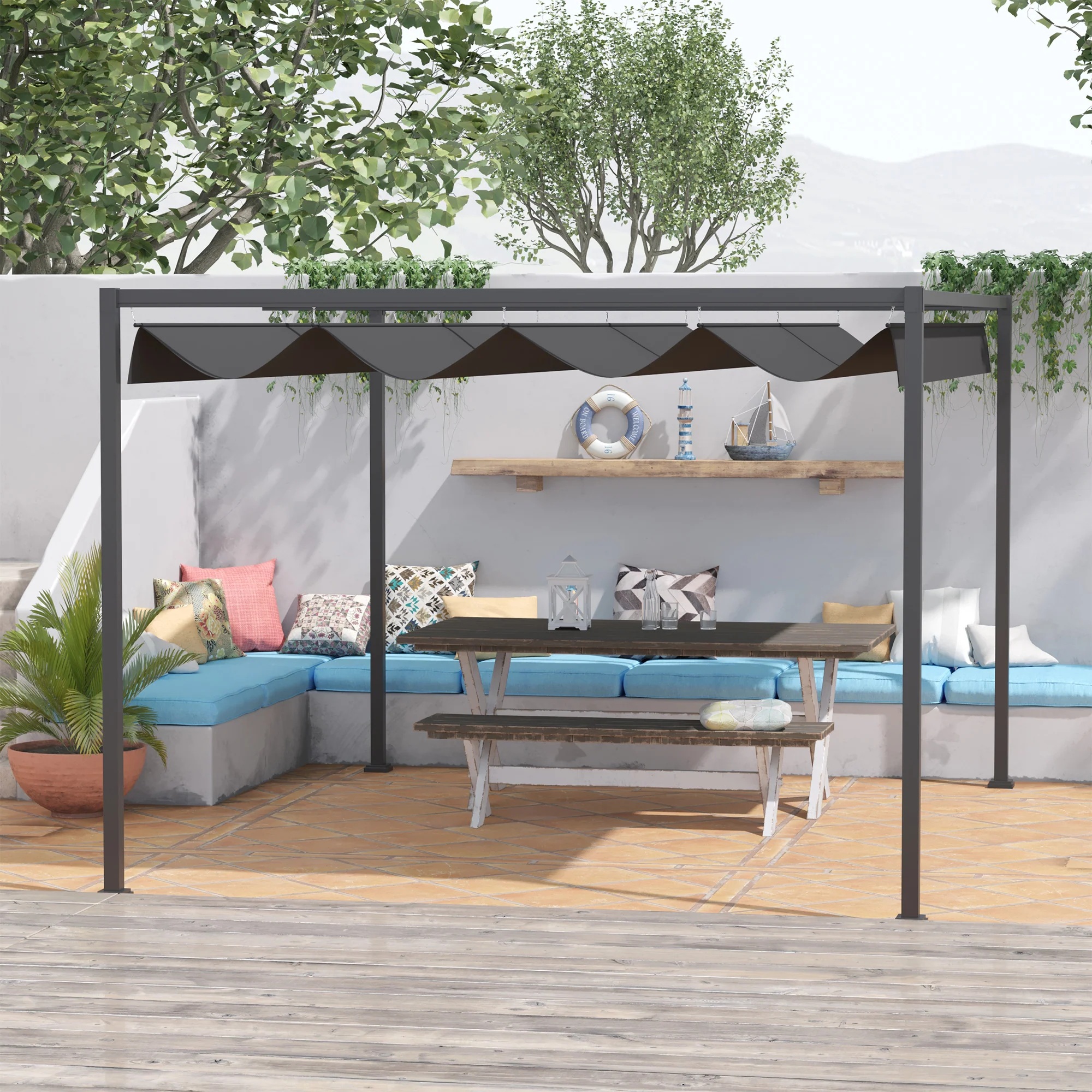 Outsunny 4 x 3(m) Metal Pergola Gazebo Patio Sun Shelter Grape Tent Retractable Canopy Grey