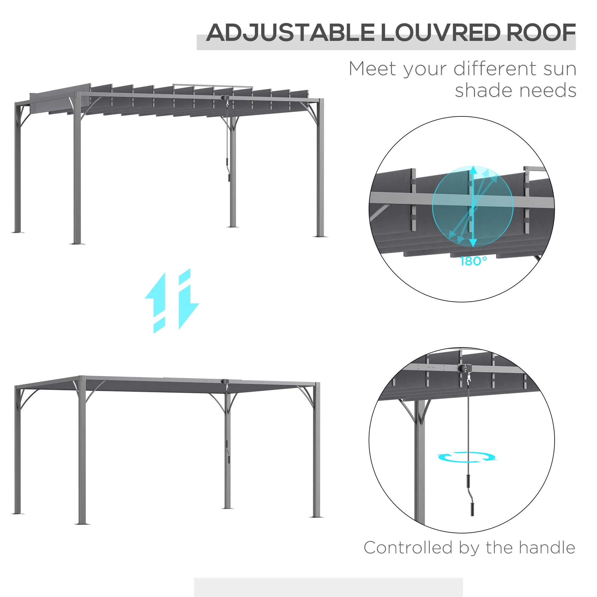 Outsunny 4 x 3(m) Outdoor Louvered Metal Pergola with Retractable Roof, Grey - Image 3