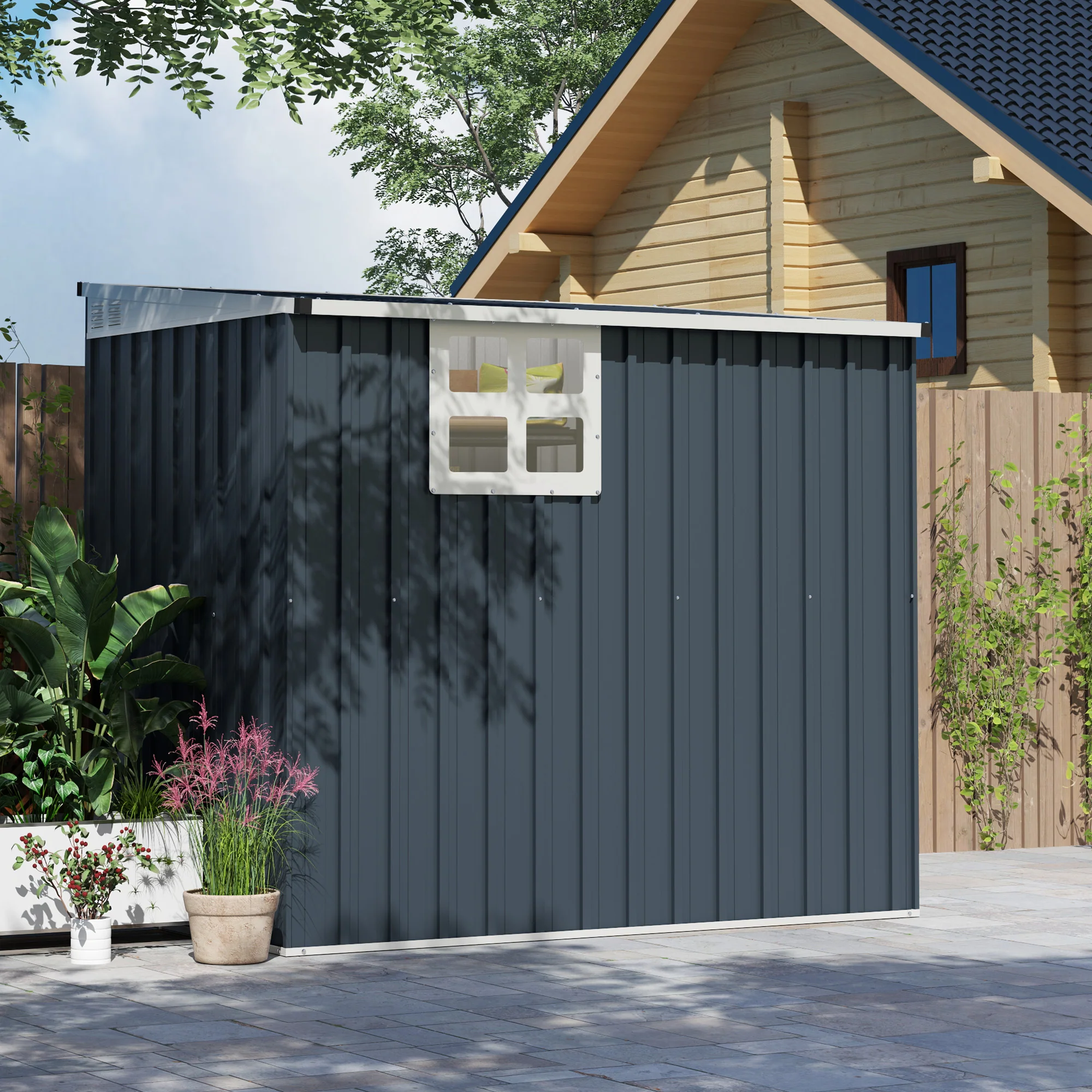 Outsunny 4 X 6ft Outdoor Garden Storage Shed With Window, Dark Grey - Image 9