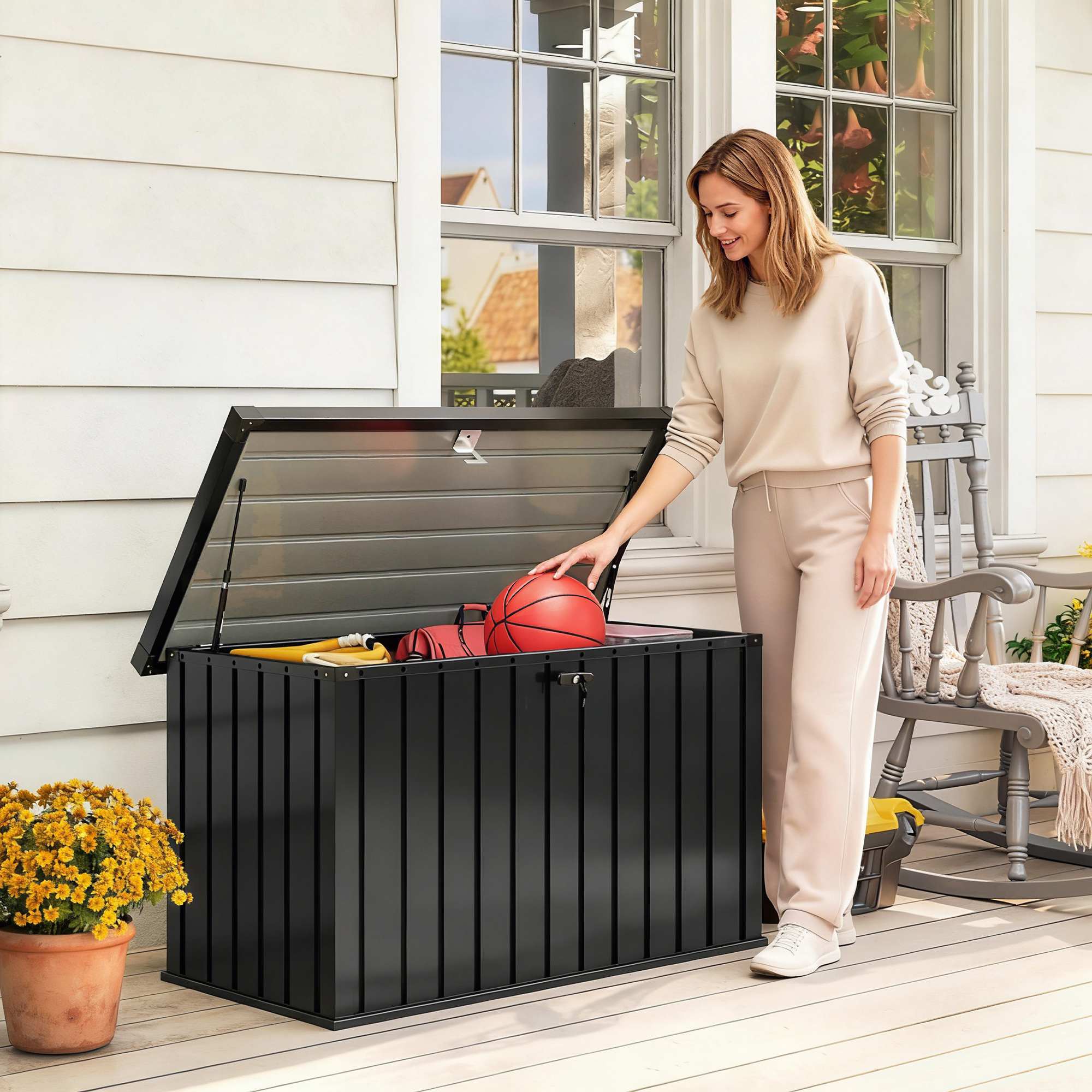 Outsunny 400L Waterproof Metal Outdoor Storage Box with Lock and Keys Black - Image 2