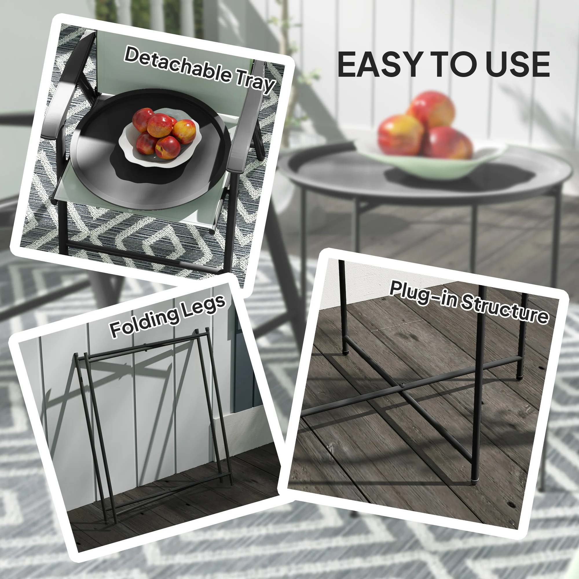 Outsunny 46cm Round Garden Table, Small Side Table w/ Removable Tray, Black - Image 3