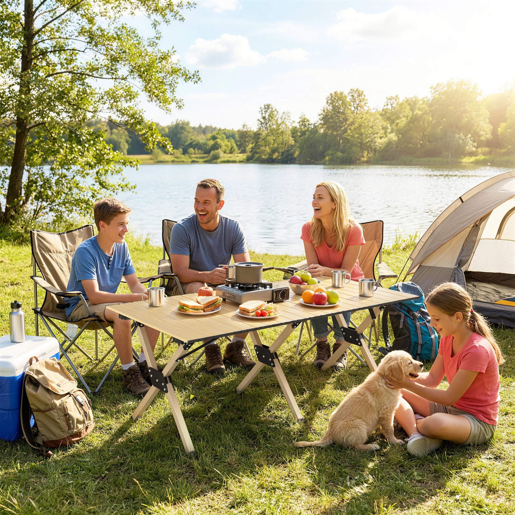 Outsunny 4ft Folding Camping Table, Picnic Table with Roll Up Top, Brown - Image 2