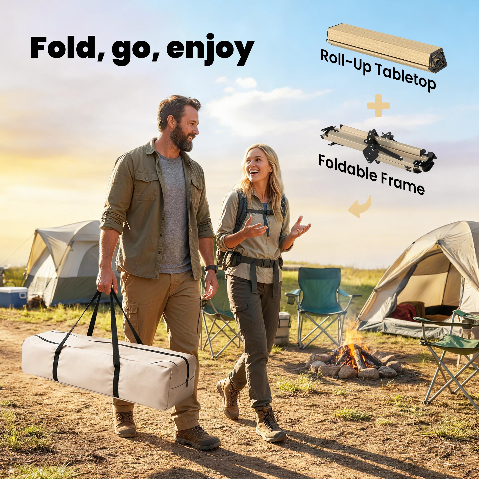 Outsunny 4ft Folding Camping Table, Picnic Table with Roll Up Top, Brown - Image 4