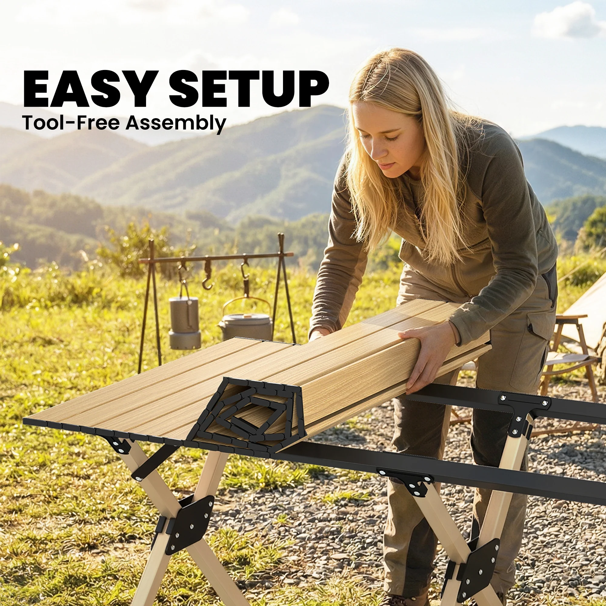 Outsunny 4ft Folding Camping Table, Picnic Table with Roll Up Top, Brown - Image 6