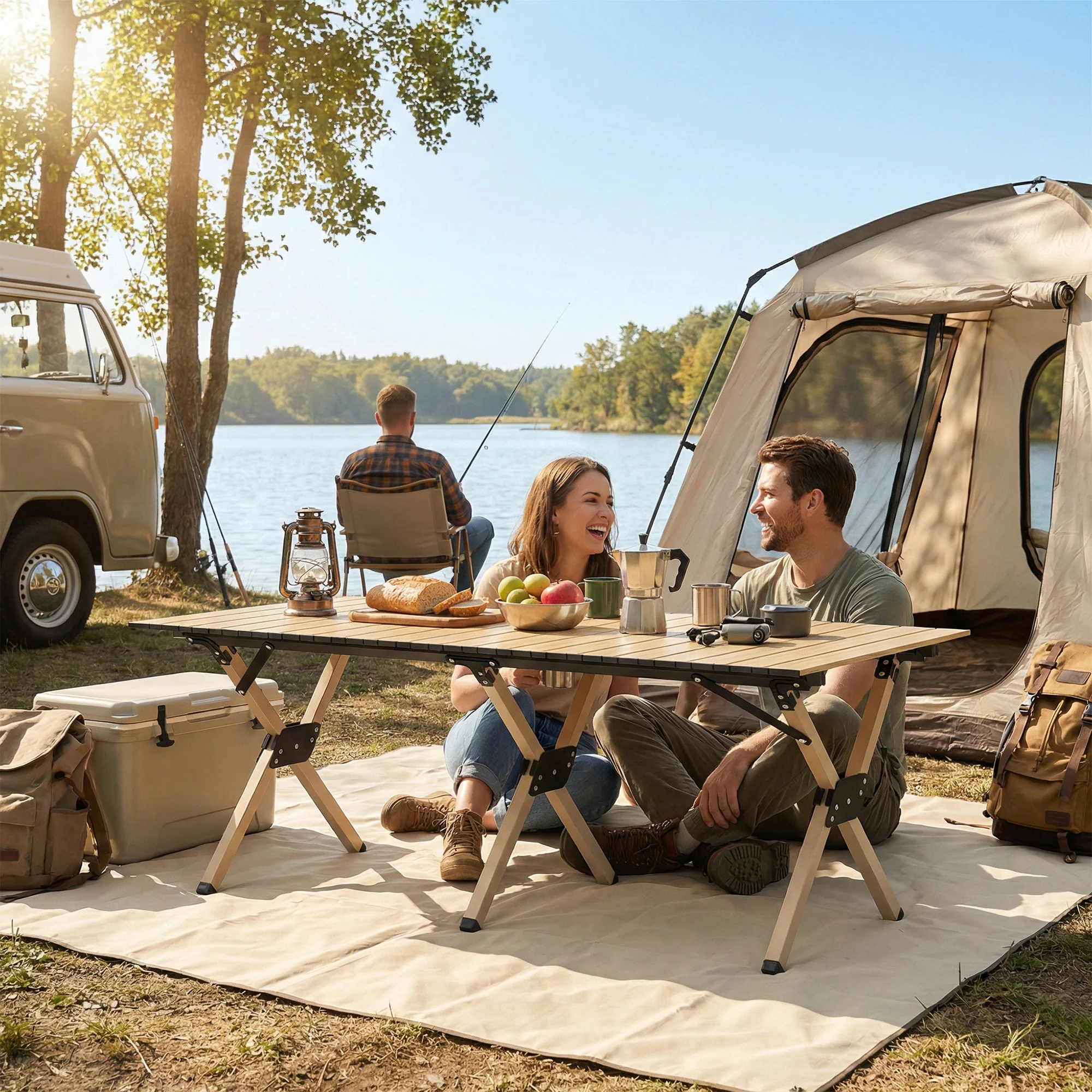 Outsunny 4ft Folding Camping Table, Picnic Table with Roll Up Top, Brown - Image 7