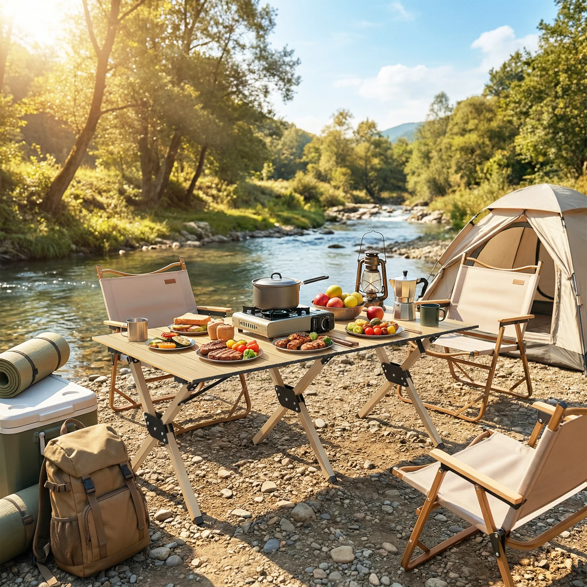 Outsunny 4ft Folding Camping Table, Picnic Table with Roll Up Top, Brown - Image 8