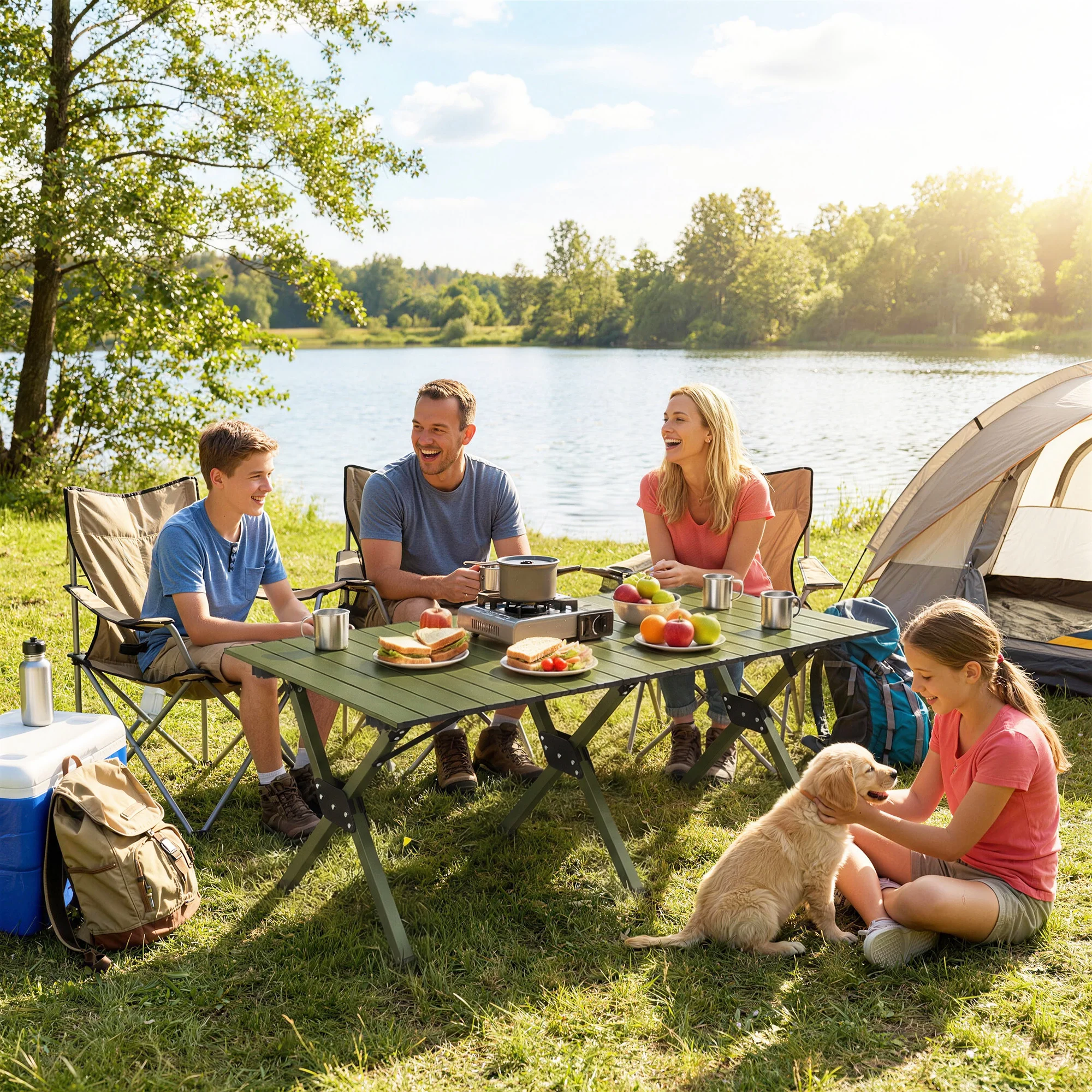 Outsunny 4ft Folding Camping Table, Picnic Table with Roll Up Top, Green - Image 2