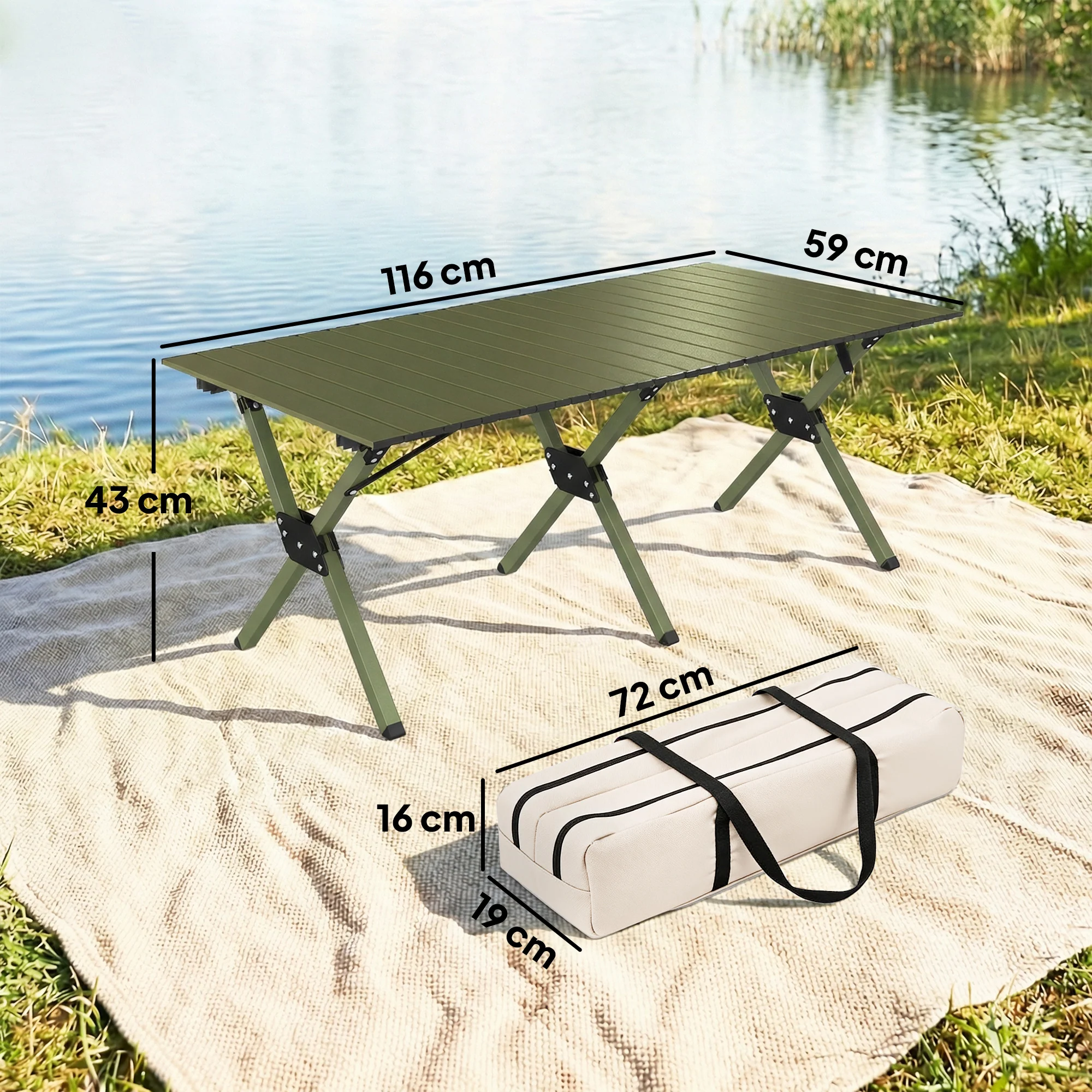 Outsunny 4ft Folding Camping Table, Picnic Table with Roll Up Top, Green - Image 3