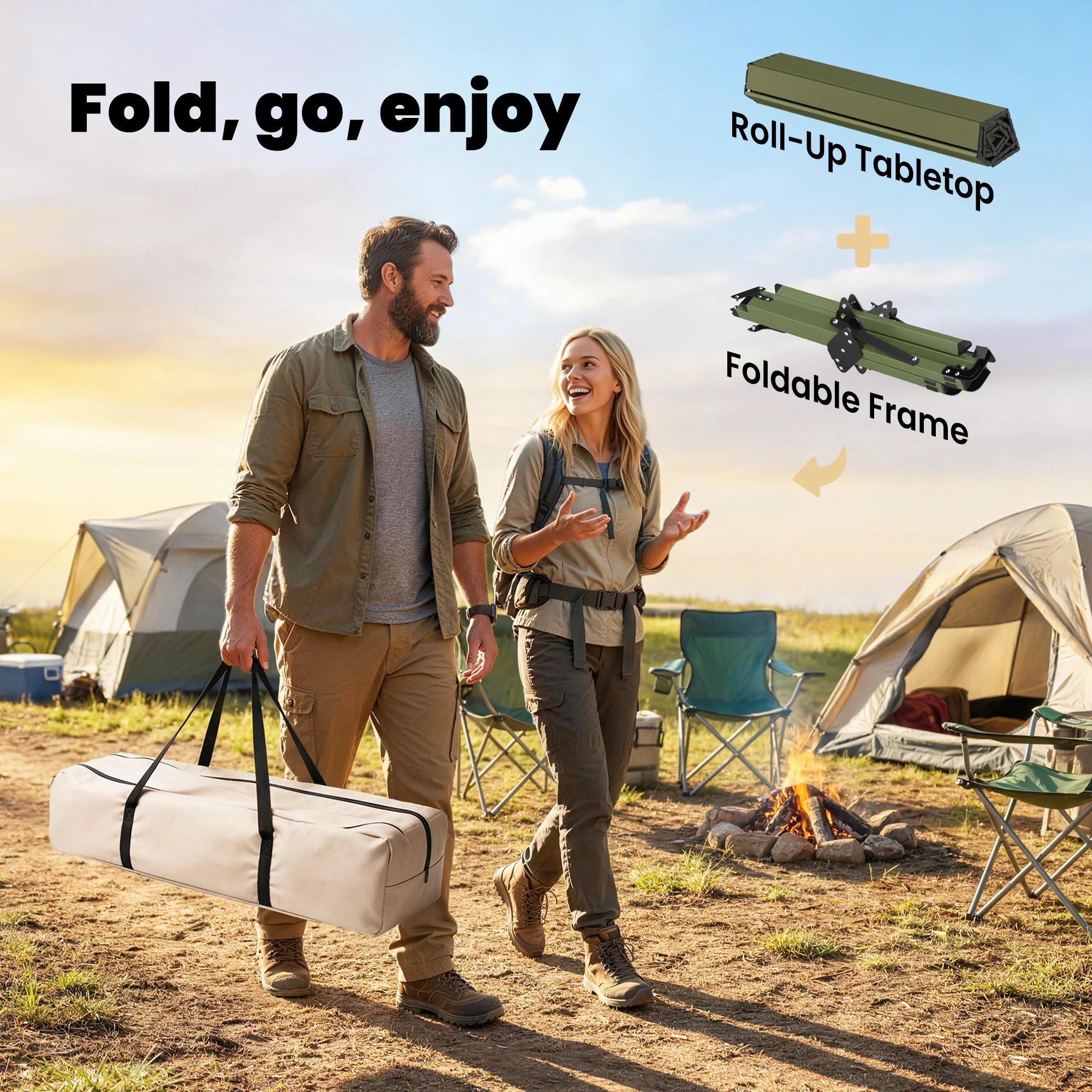 Outsunny 4ft Folding Camping Table, Picnic Table with Roll Up Top, Green - Image 4