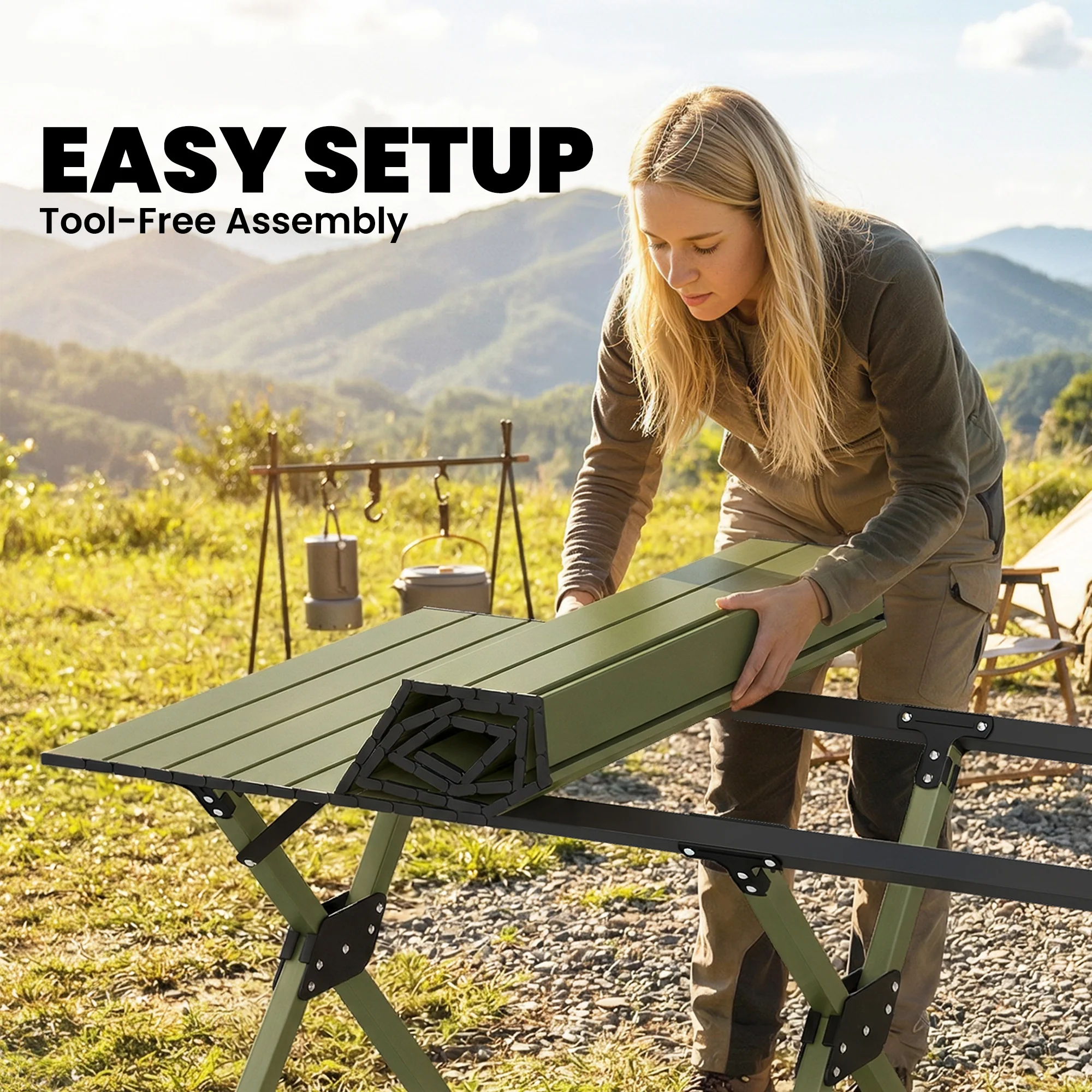 Outsunny 4ft Folding Camping Table, Picnic Table with Roll Up Top, Green - Image 6