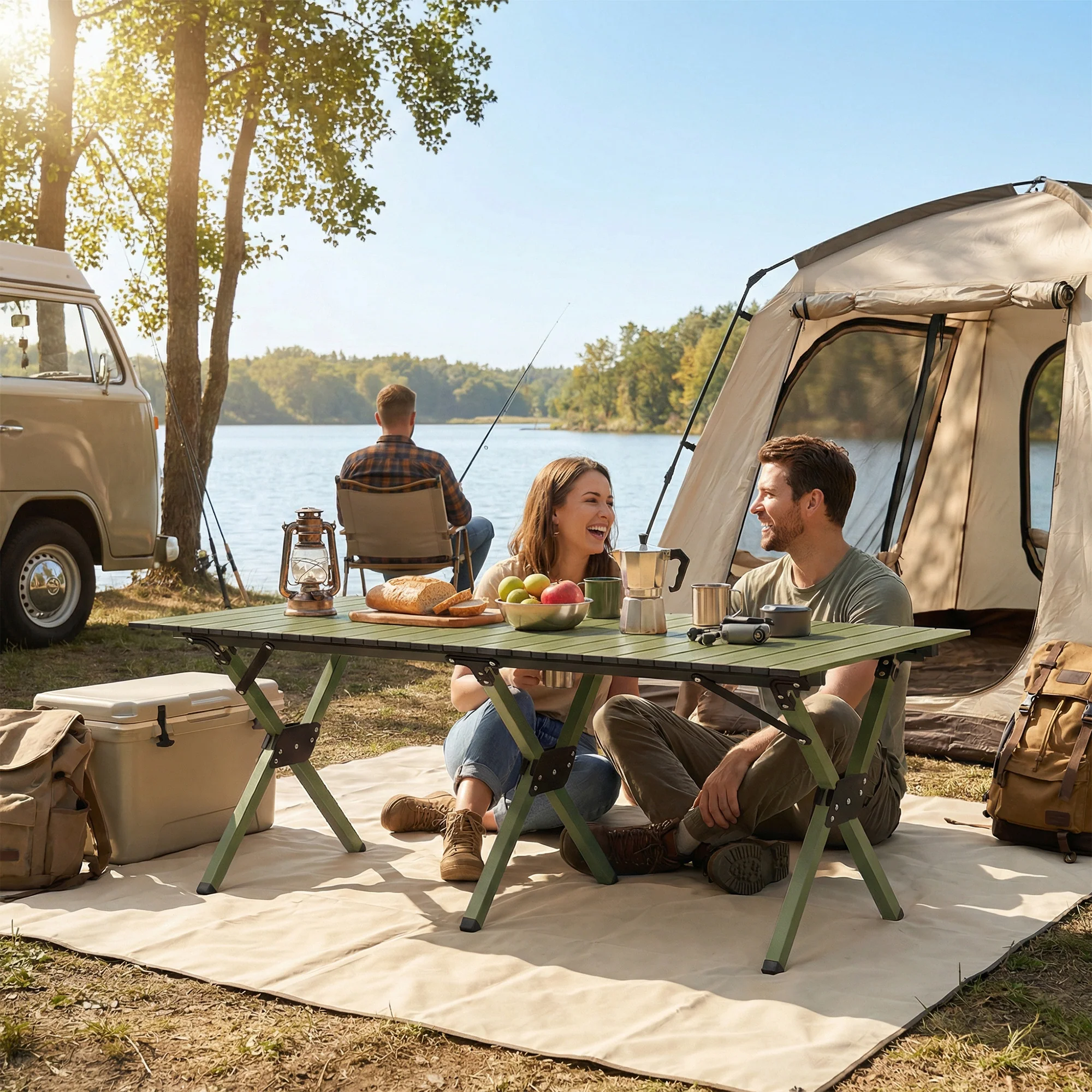 Outsunny 4ft Folding Camping Table, Picnic Table with Roll Up Top, Green - Image 7