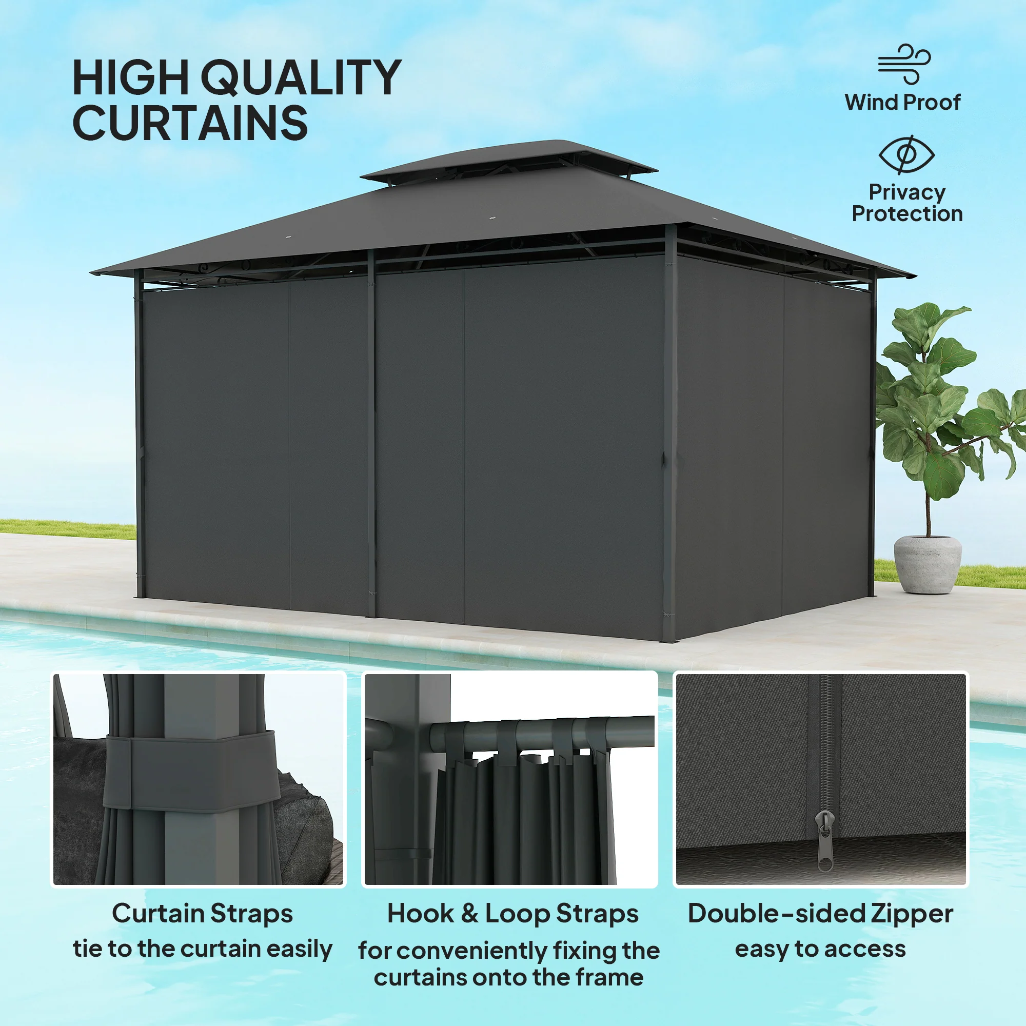 Outsunny 4m x 3(m) Outdoor 2-Tier Steel Frame Gazebo w/ Curtains Outdoor Garden - Image 3