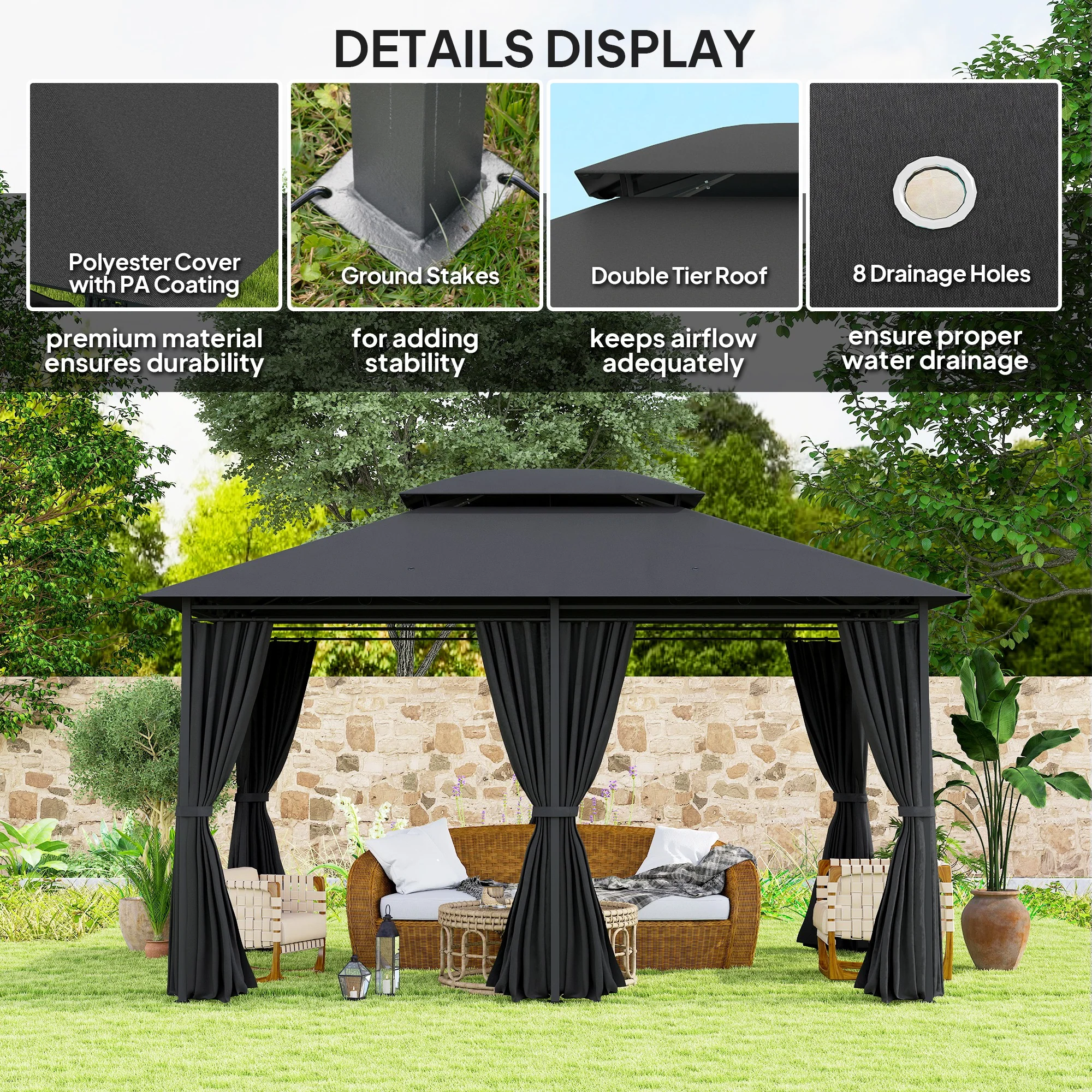 Outsunny 4m x 3(m) Outdoor 2-Tier Steel Frame Gazebo w/ Curtains Outdoor Garden - Image 4