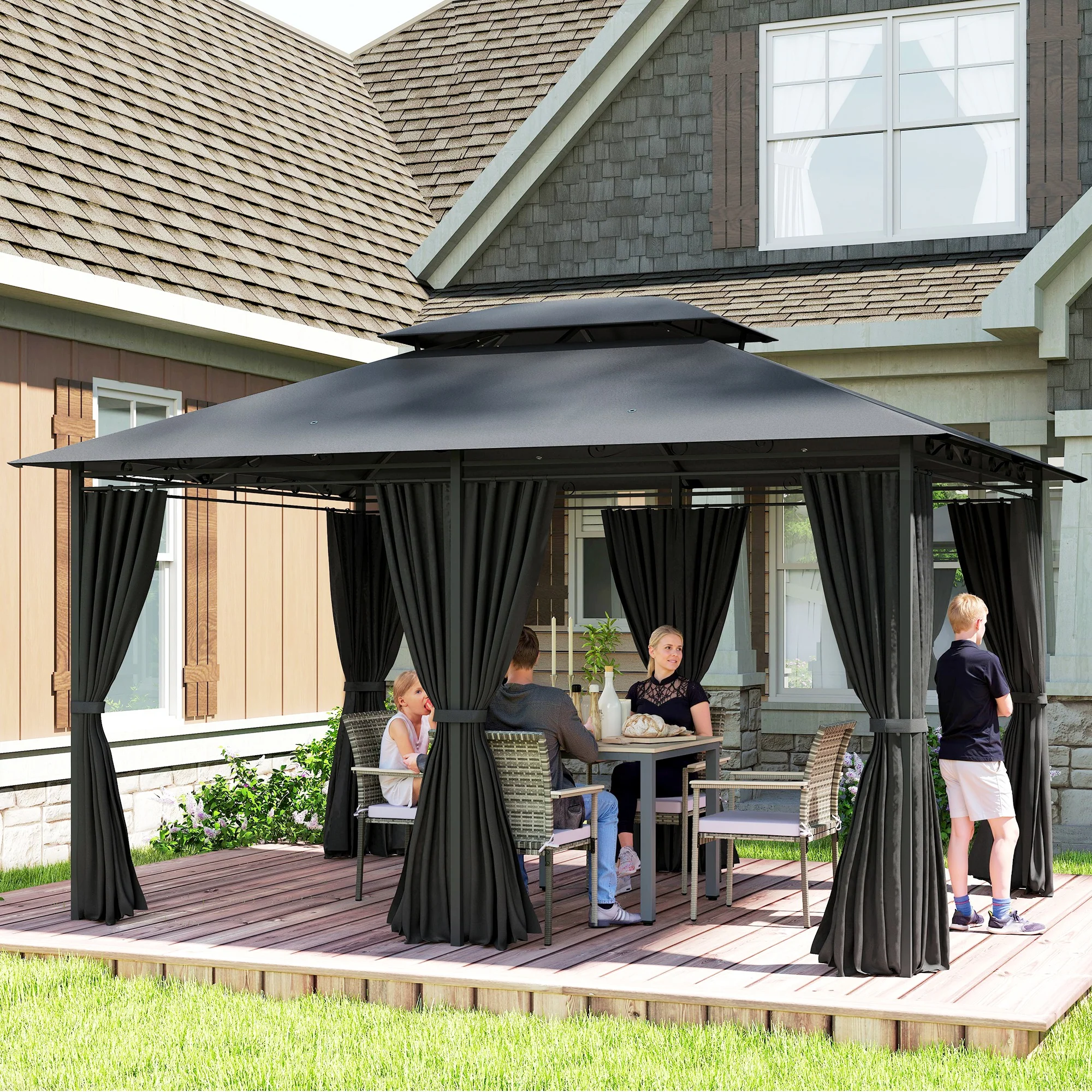 Outsunny 4m x 3(m) Outdoor 2-Tier Steel Frame Gazebo w/ Curtains Outdoor Garden - Image 7