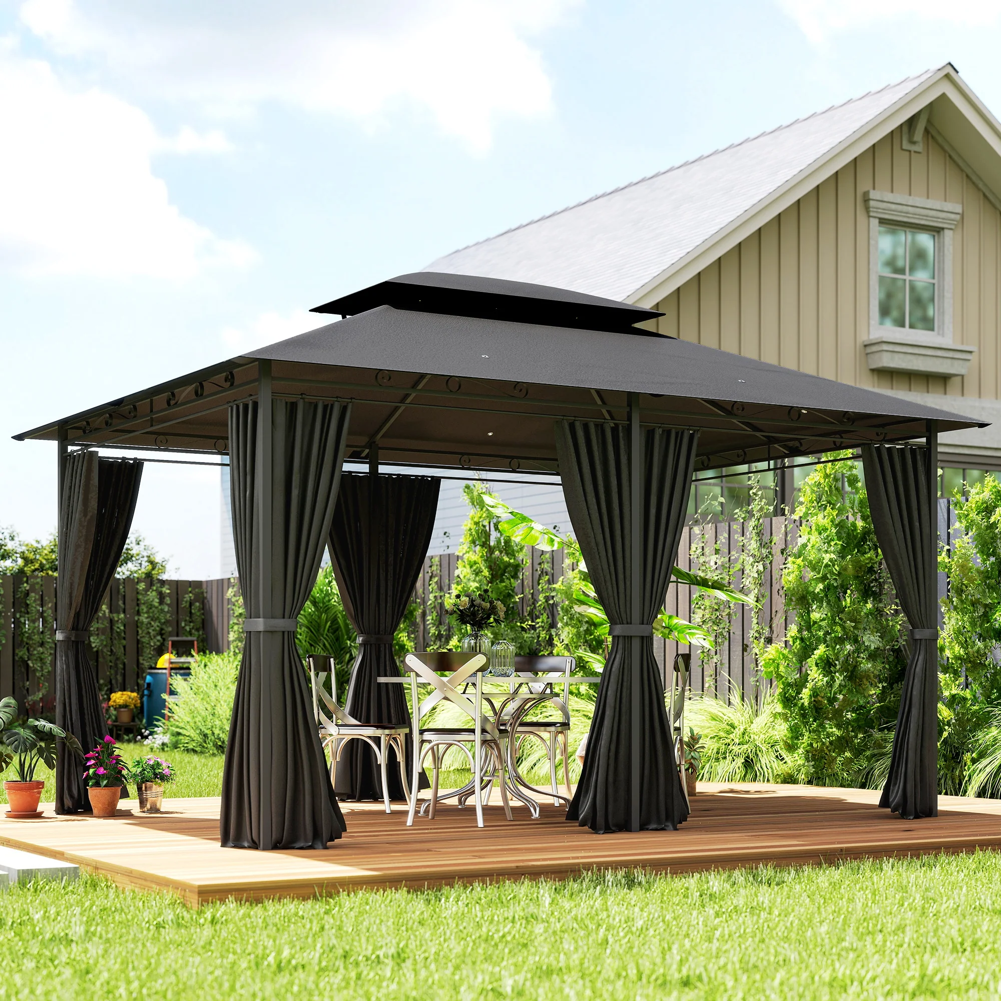 Outsunny 4m x 3(m) Outdoor 2-Tier Steel Frame Gazebo w/ Curtains Outdoor Garden - Image 9