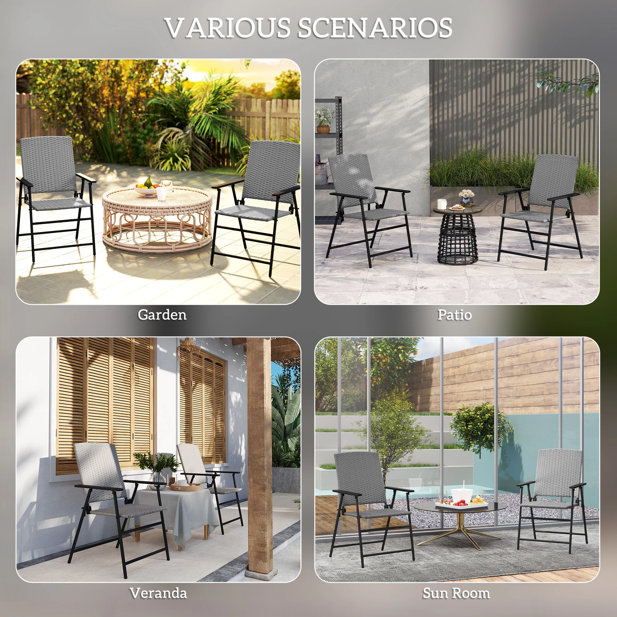 Outsunny 4pcs Rattan Chair Foldable Garden Furniture W/ Armrest Grey - Image 7
