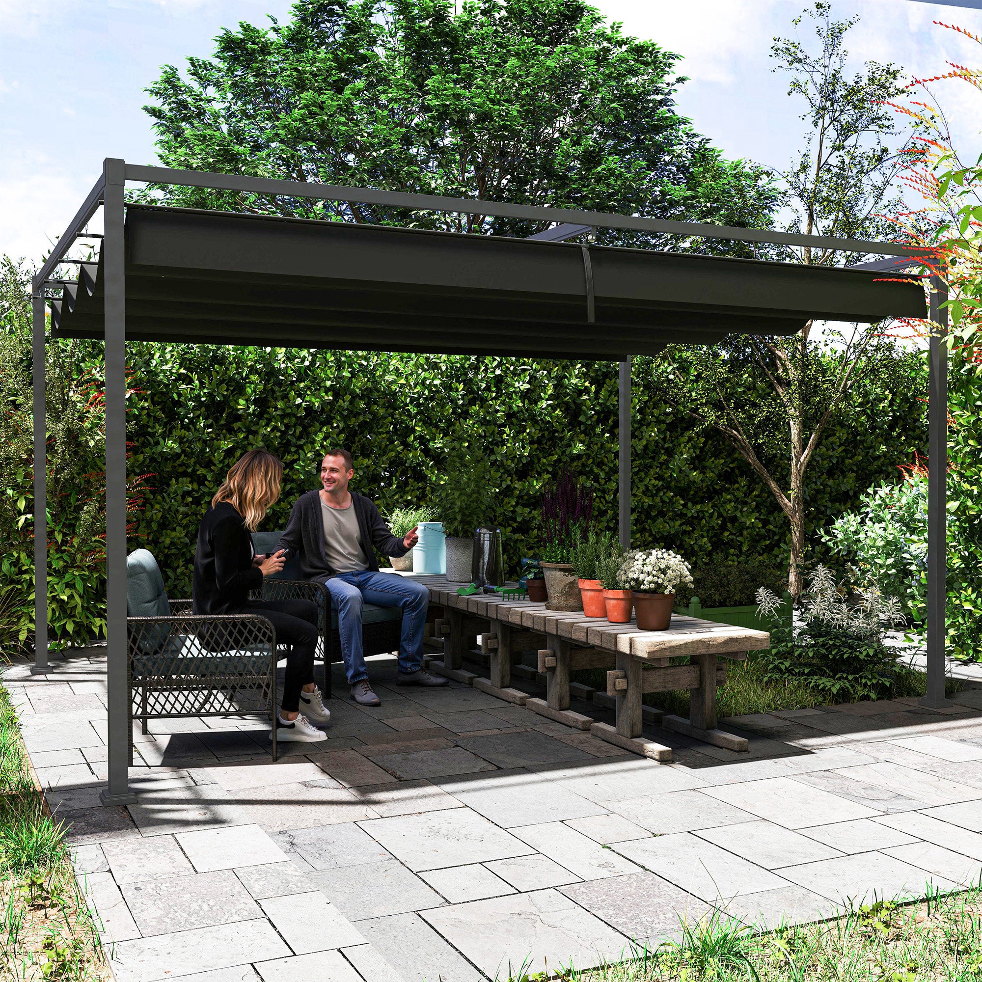 Outsunny 4x3(m) Metal Pergola Gazebo Patio Sunshelter Retractable Canopy Black - Image 7
