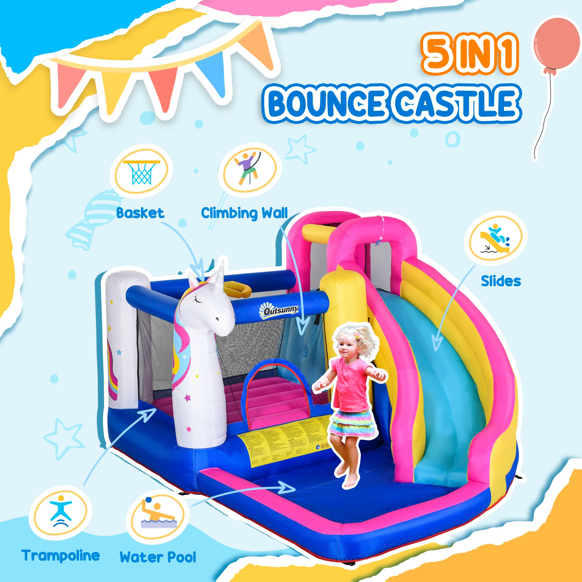 Outsunny 5 in 1 Bouncy Castle for Children with Blower, for Ages 3-8 Years - Image 3