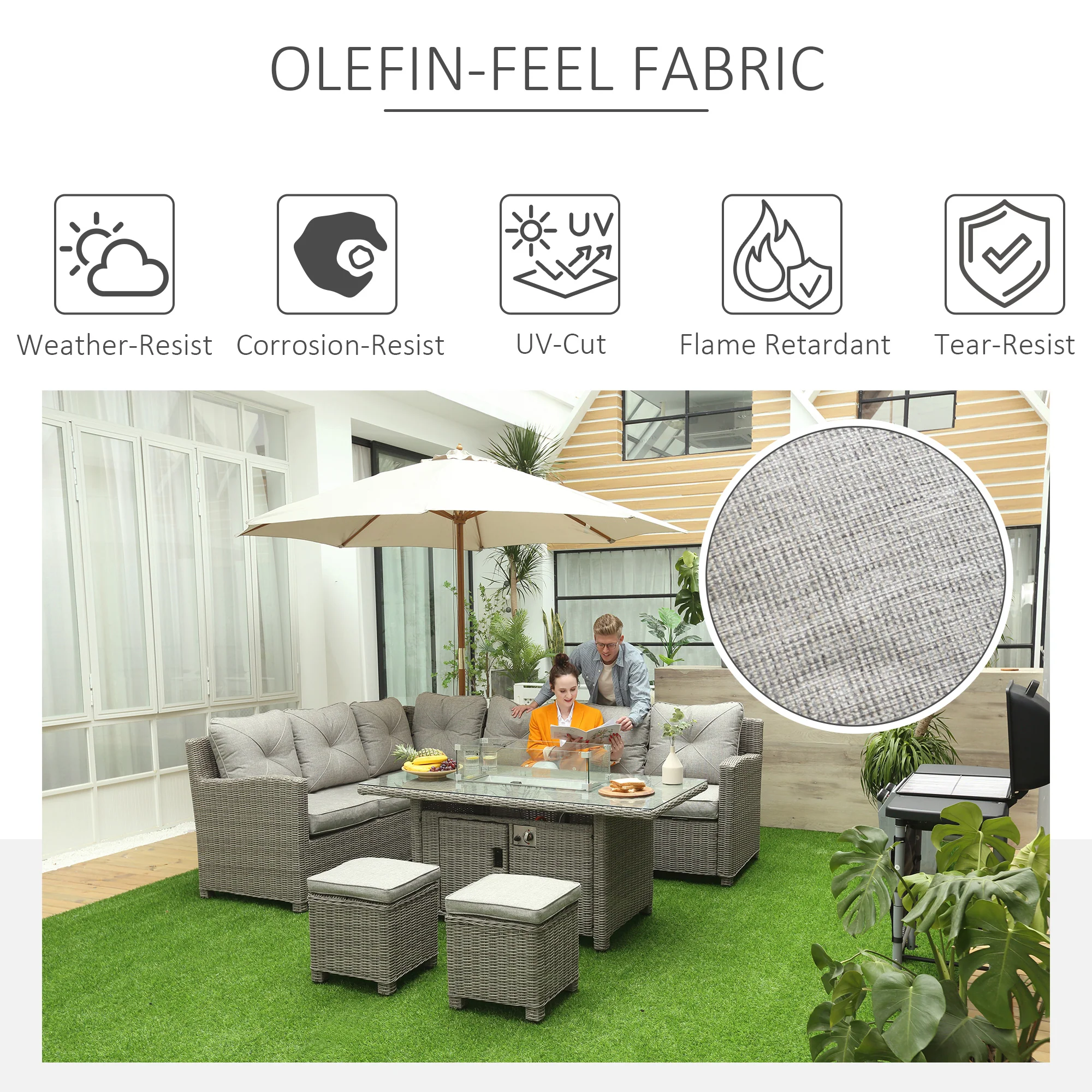 Outsunny 5 PCs Outdoor PE Rattan L-Shape Sofa Footstool Fire Pit Table Set - Image 7