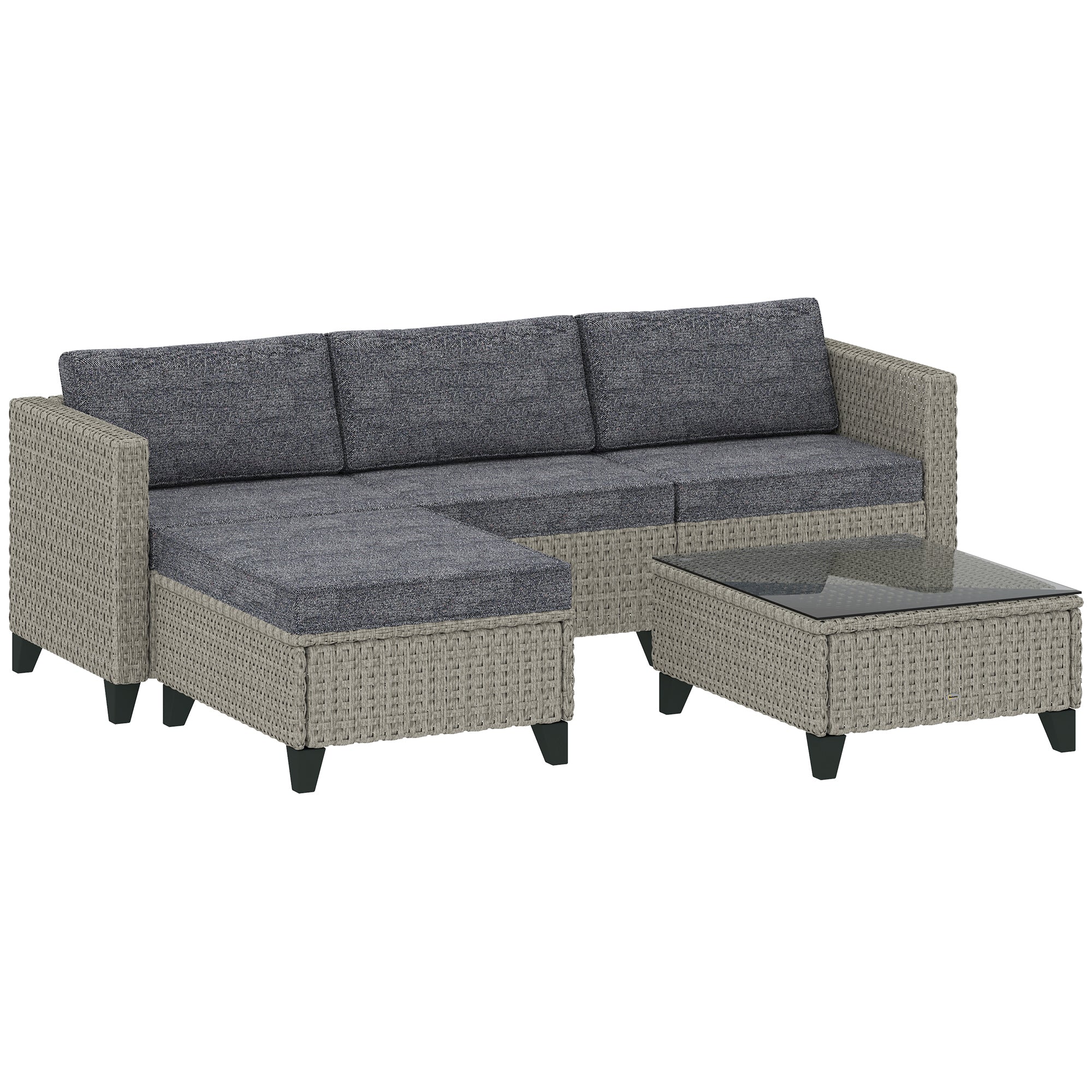 Outsunny 5 PCs Rattan Garden Furniture Set With Glass Coffee Table Dark Grey