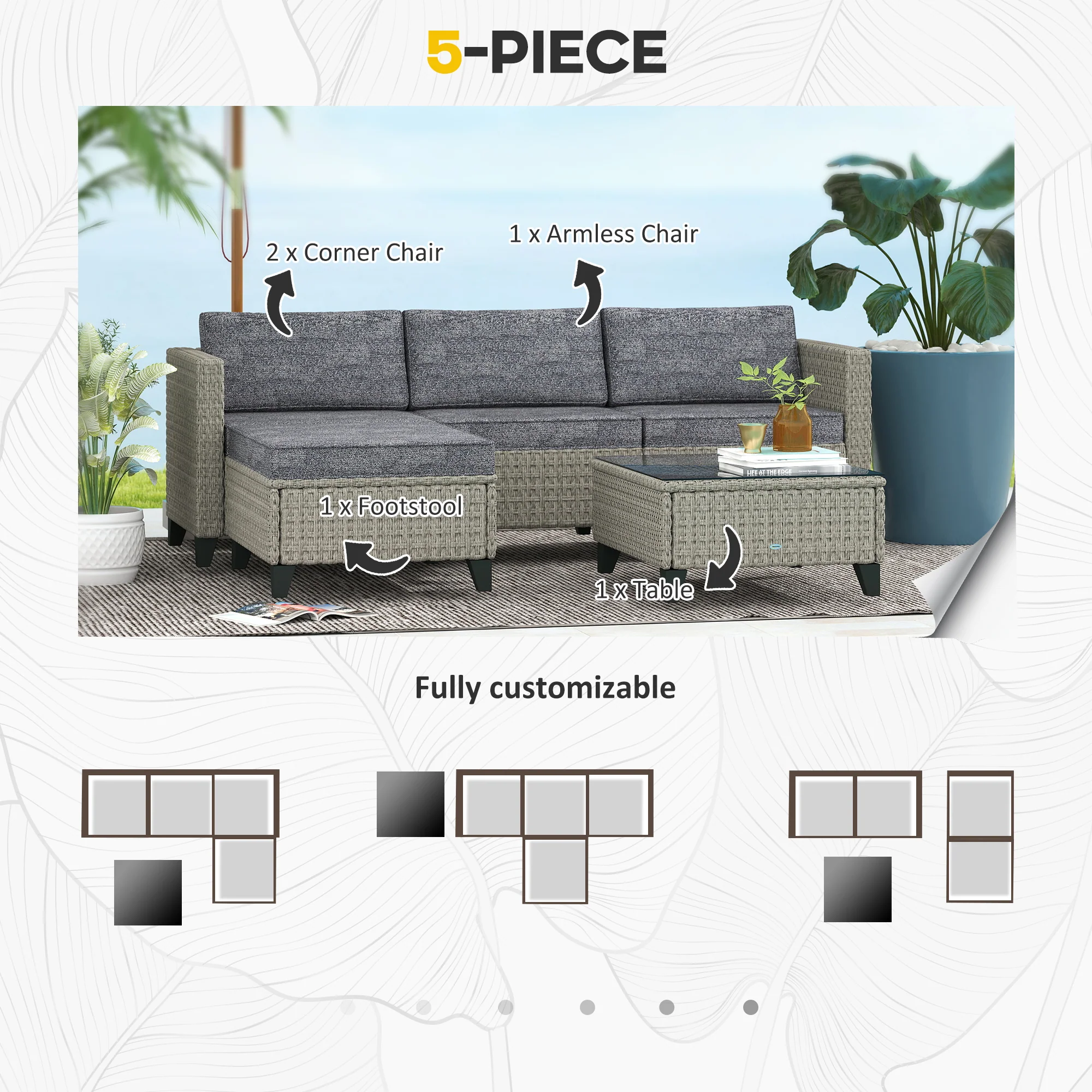 Outsunny 5 PCs Rattan Garden Furniture Set With Glass Coffee Table Dark Grey - Image 3