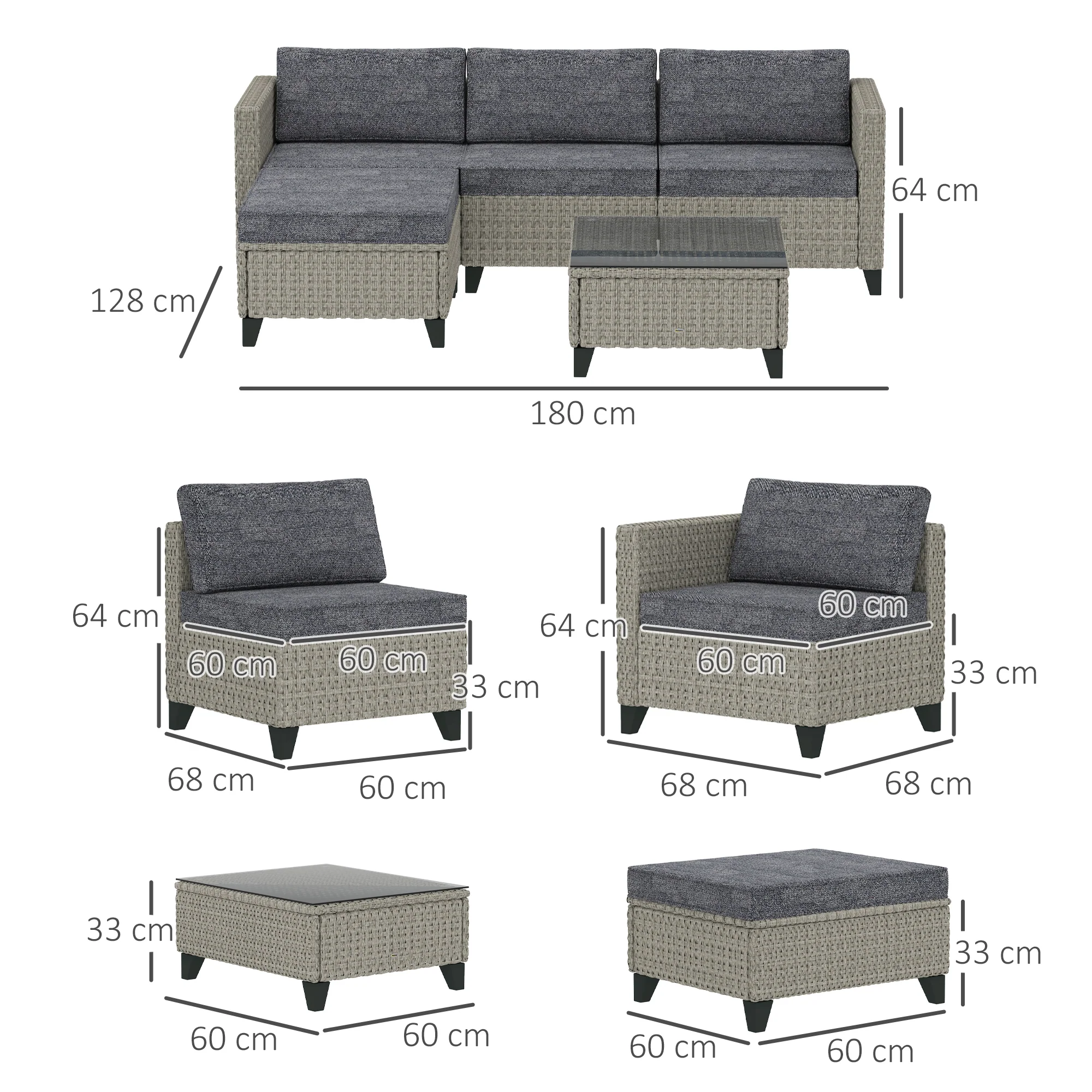 Outsunny 5 PCs Rattan Garden Furniture Set With Glass Coffee Table Dark Grey - Image 5