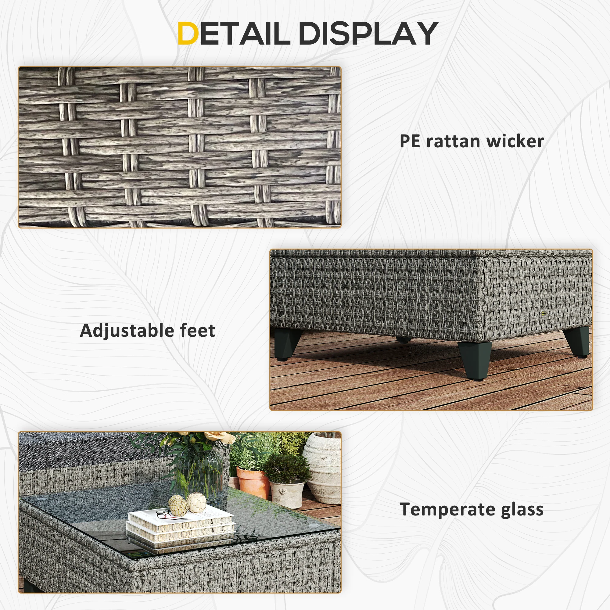 Outsunny 5 PCs Rattan Garden Furniture Set With Glass Coffee Table Dark Grey - Image 8